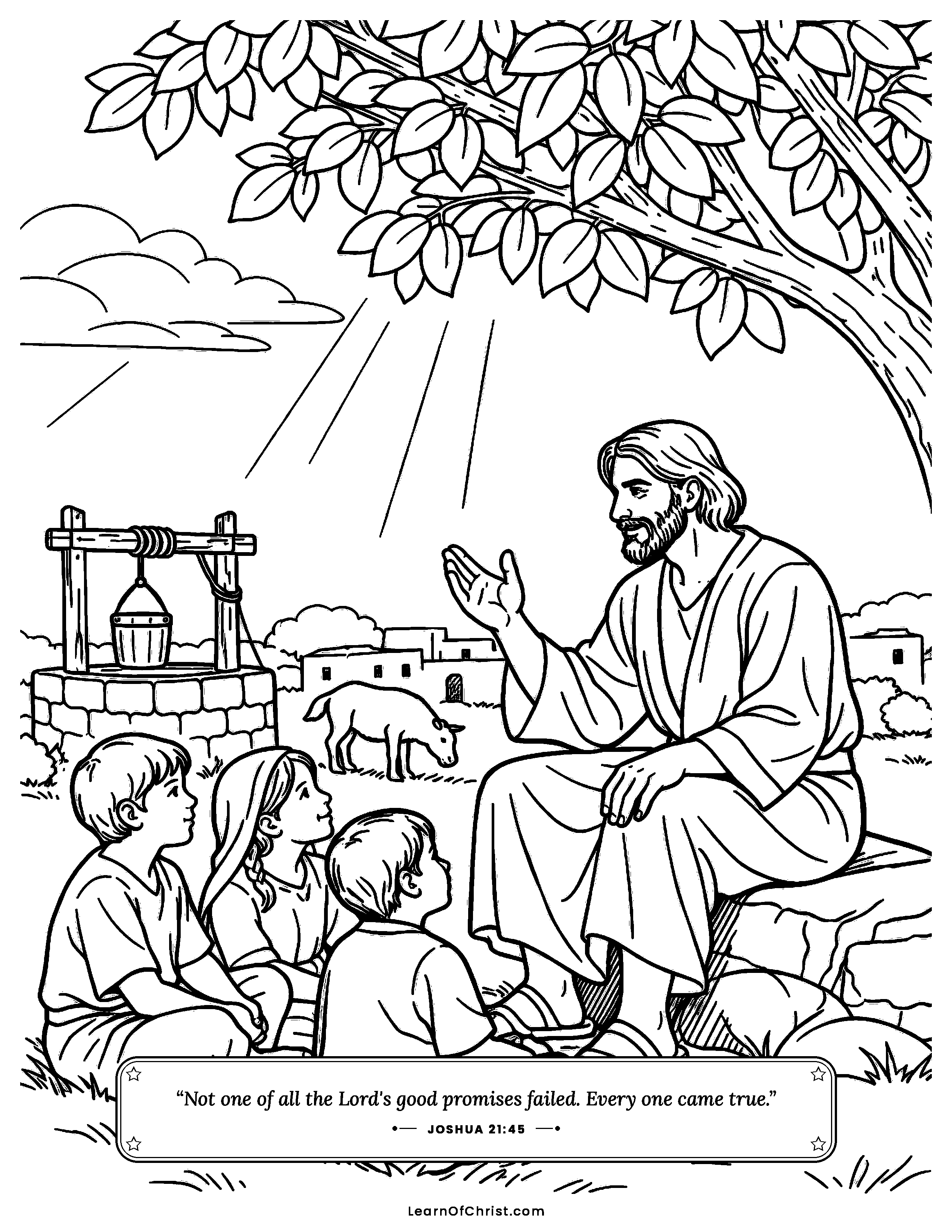 Joshua 21 coloring page - A Levite teaches children under a fig tree. Free printable Bible coloring sheet for kids.