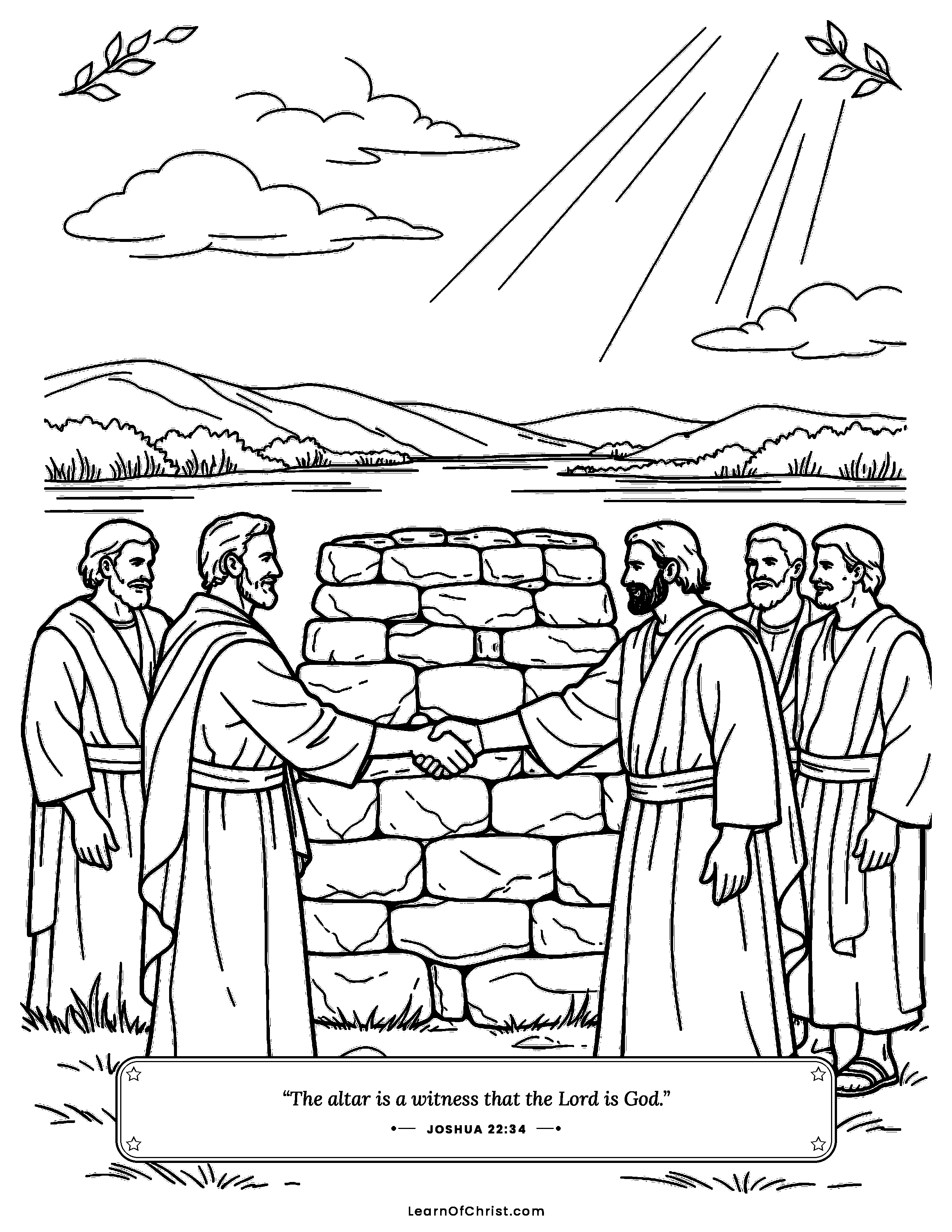 Joshua 22 coloring page - A stone altar of witness by the river. Free printable Bible coloring sheet for kids.