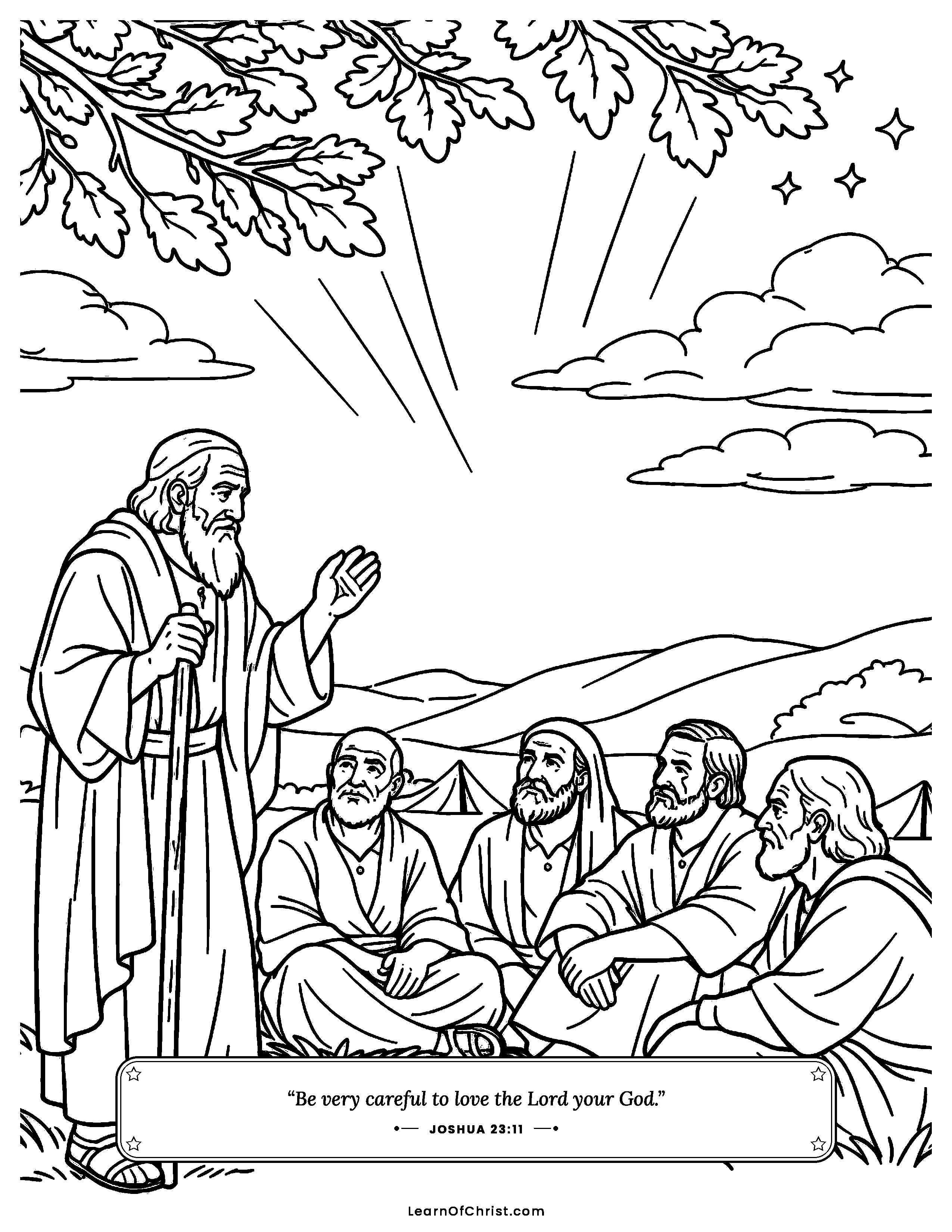 Joshua 23 coloring page - Old Joshua gives his farewell advice. Free printable Bible coloring sheet for kids.