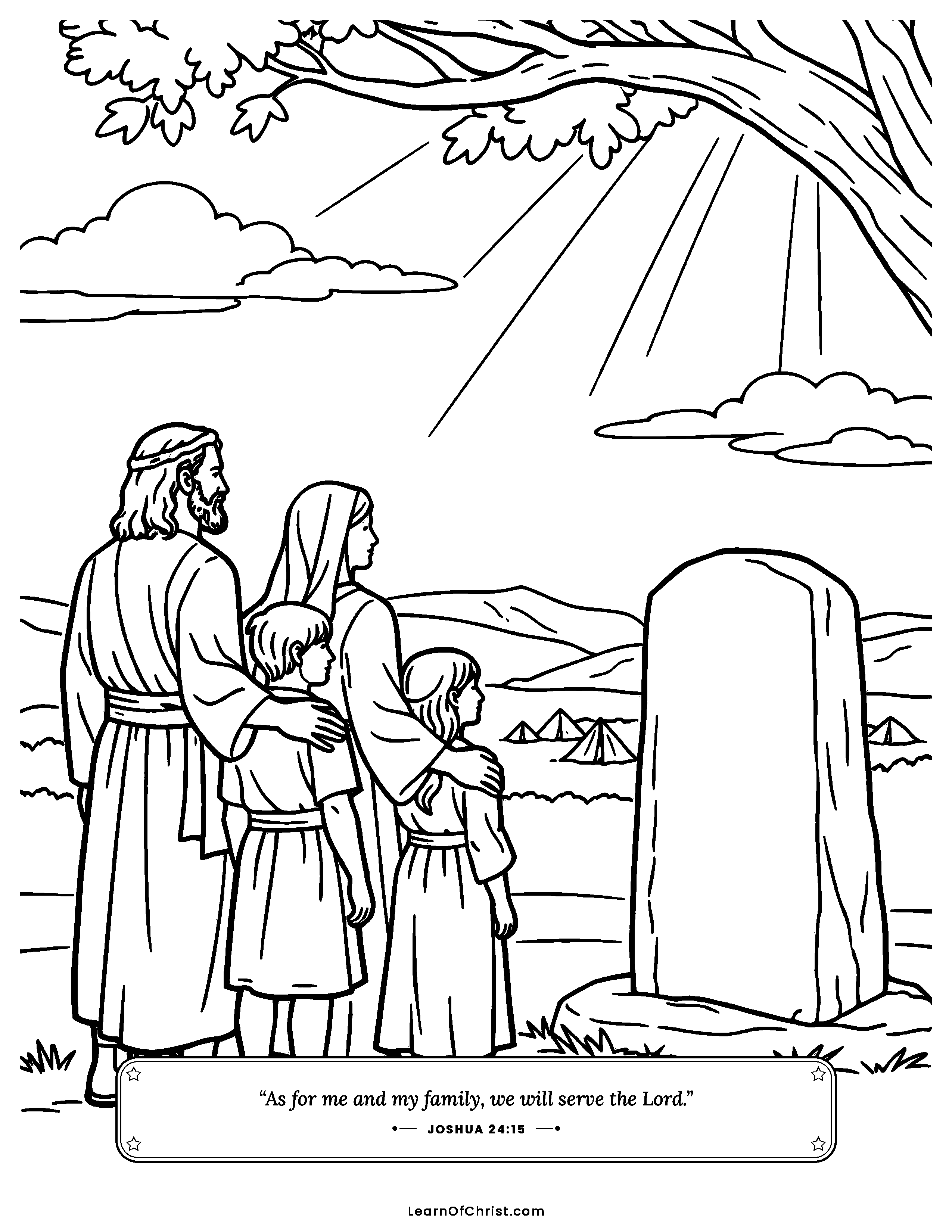 Joshua 24 coloring page - Joshua and his family choose the Lord. Free printable Bible coloring sheet for kids.