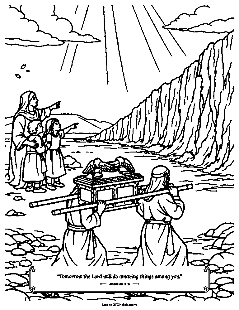 Joshua 3 coloring page - Priests step into the river with the ark