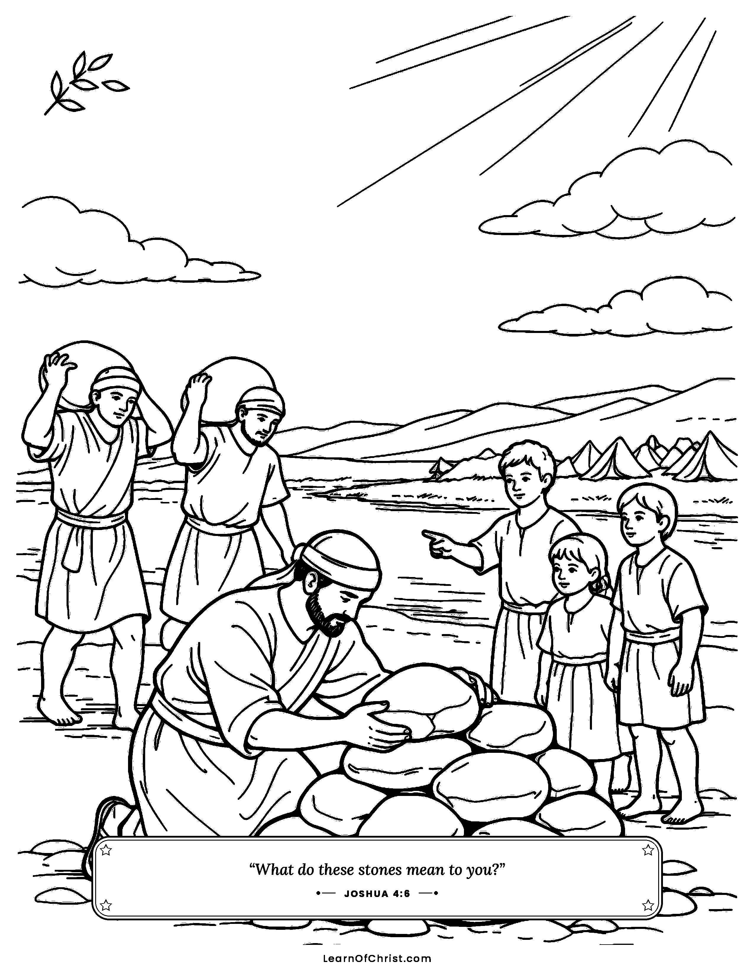 Joshua 4 coloring page - Twelve stones to help us remember. Free printable Bible coloring sheet for kids.