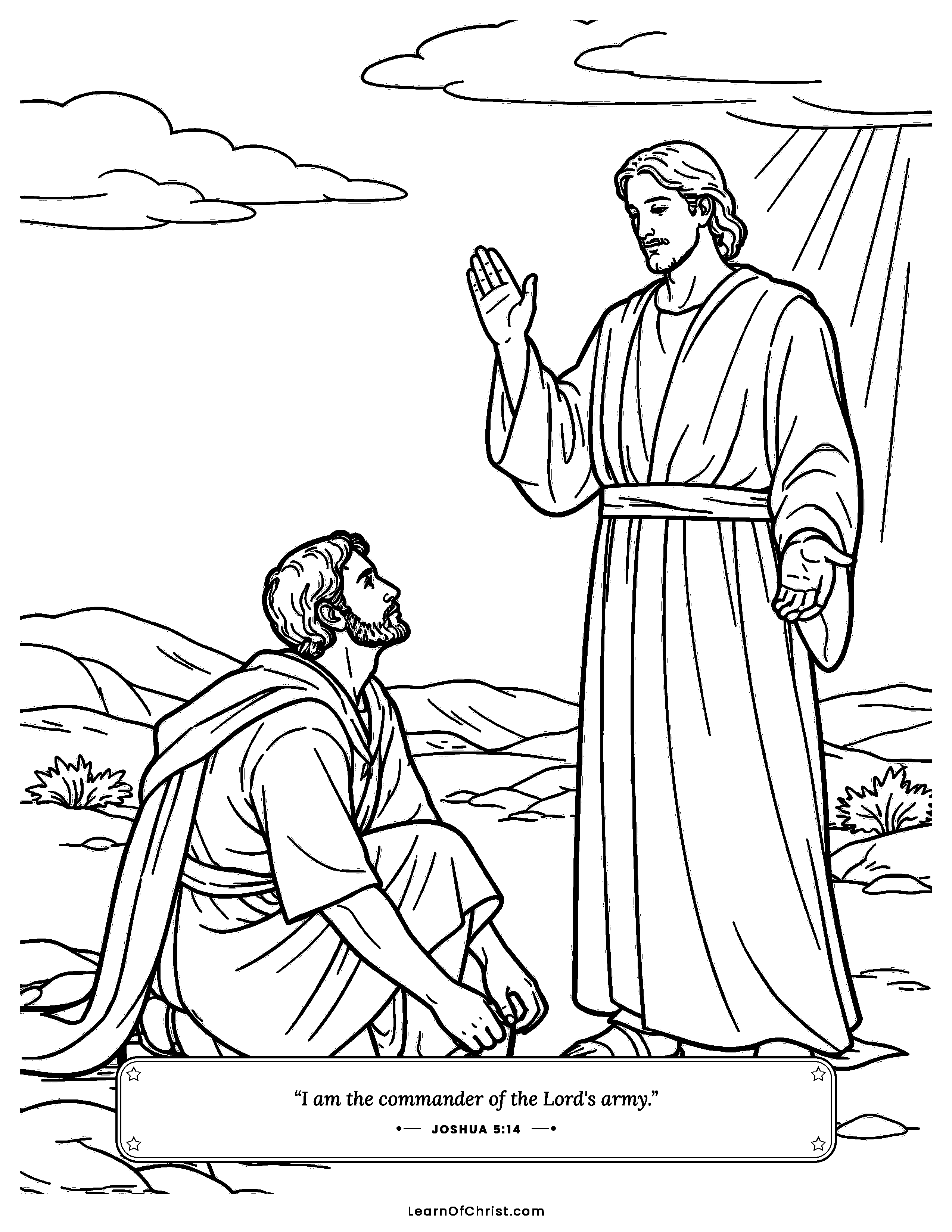 Joshua 5 coloring page - Joshua takes off his sandal on holy ground. Free printable Bible coloring sheet for kids.