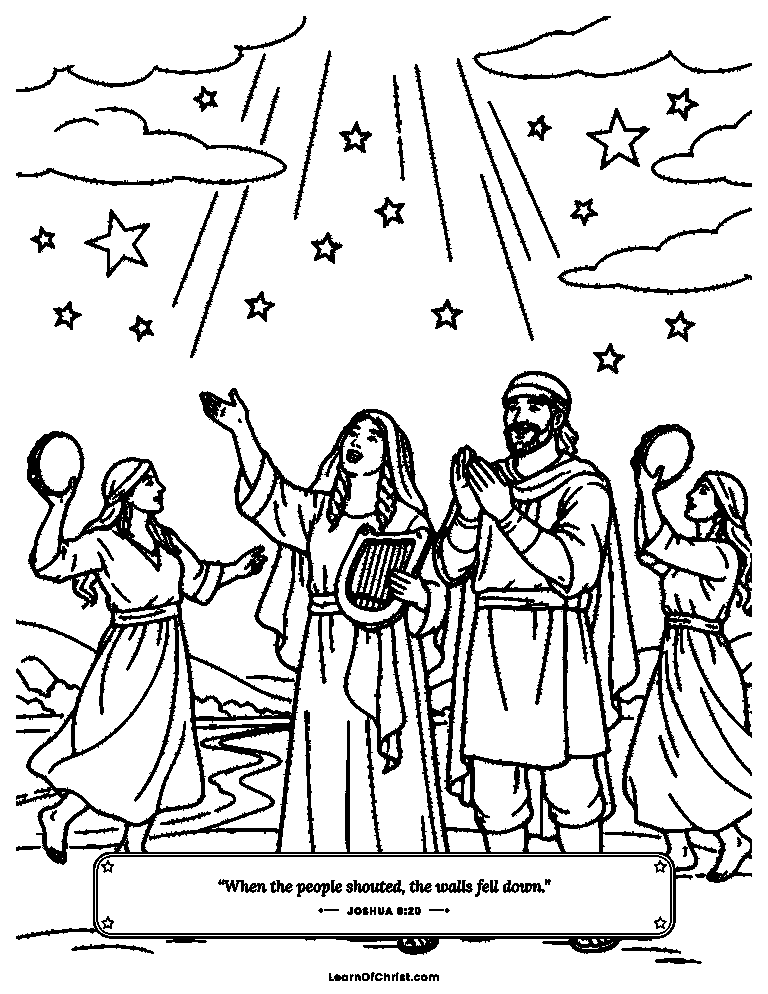 Joshua 6 coloring page - Marching around Jericho with trumpets