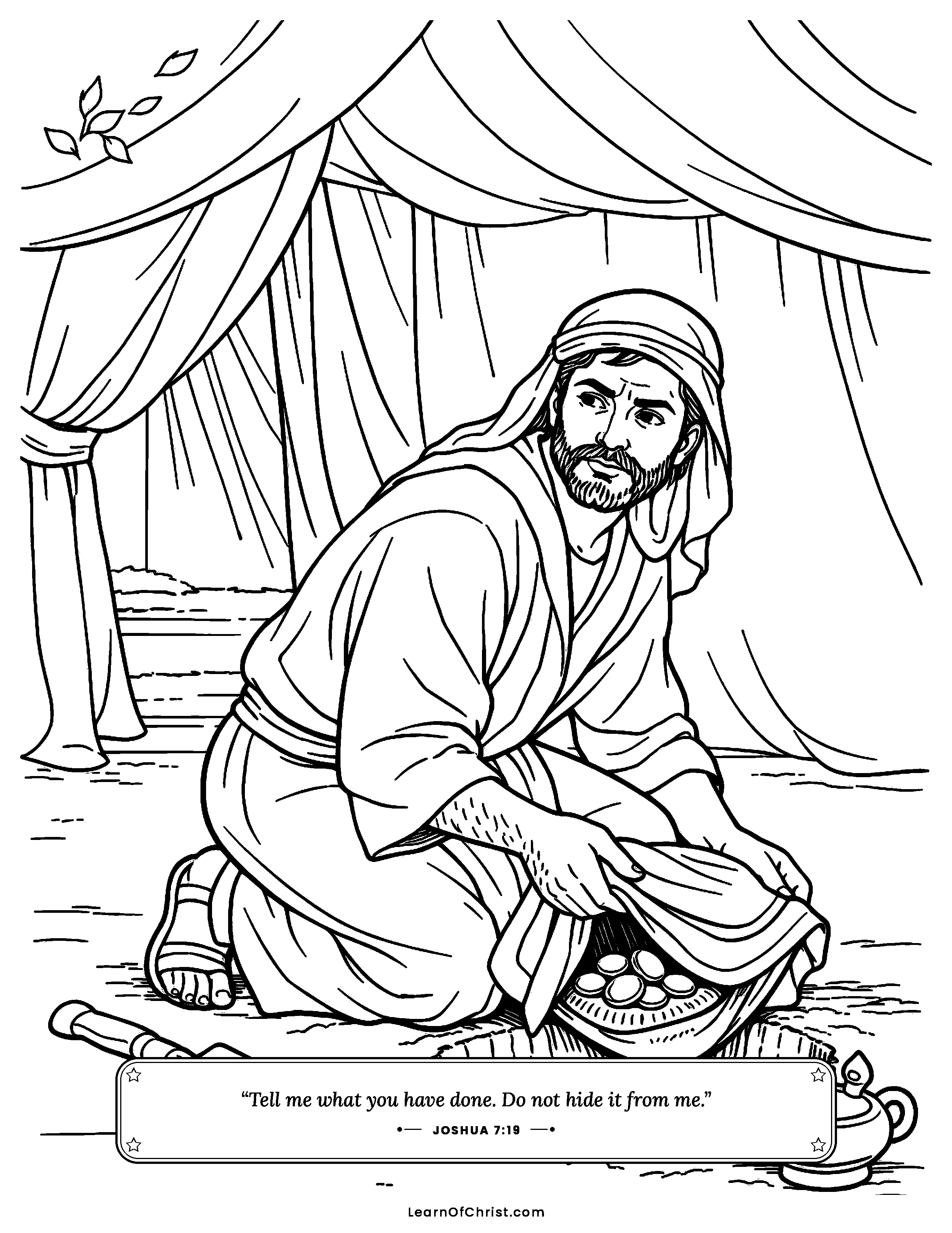 Joshua 7 coloring page - Something hidden under the tent floor. Free printable Bible coloring sheet for kids.