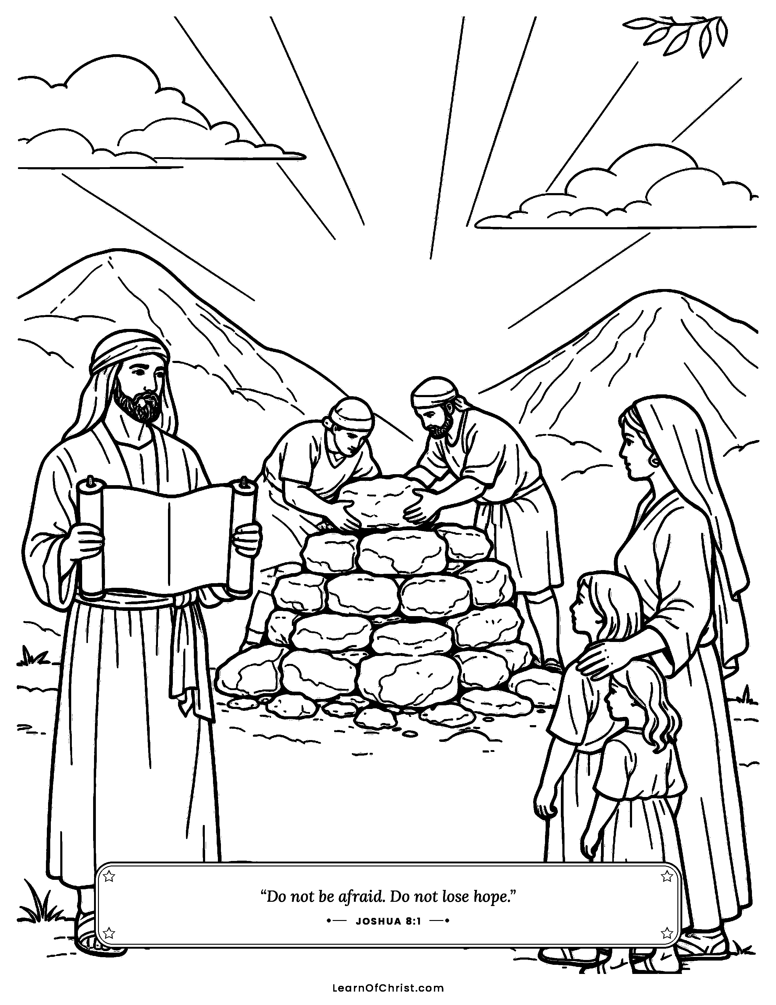 Joshua 8 coloring page - Building an altar for a fresh start. Free printable Bible coloring sheet for kids.