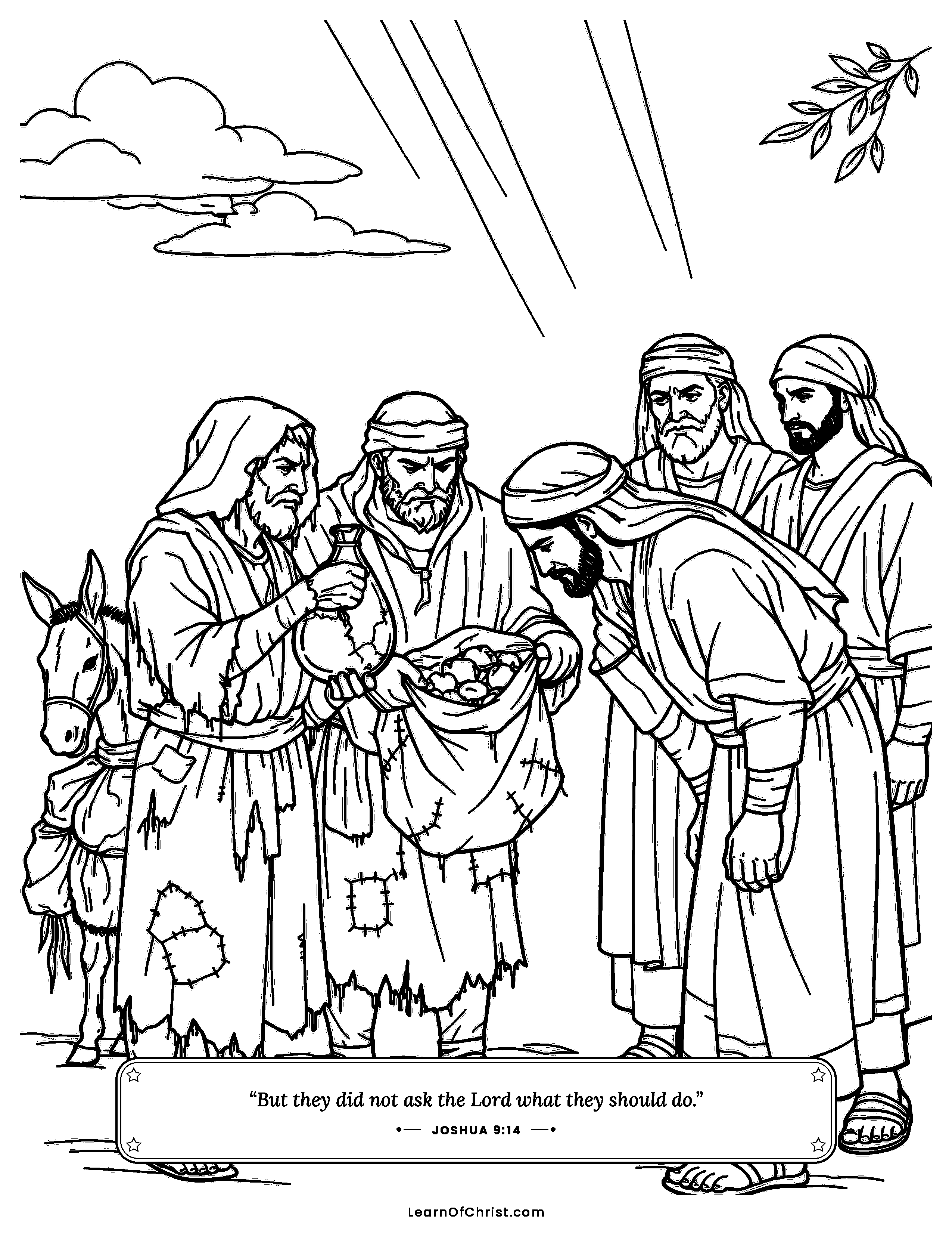 Joshua 9 coloring page - Travelers with moldy bread and old sandals. Free printable Bible coloring sheet for kids.