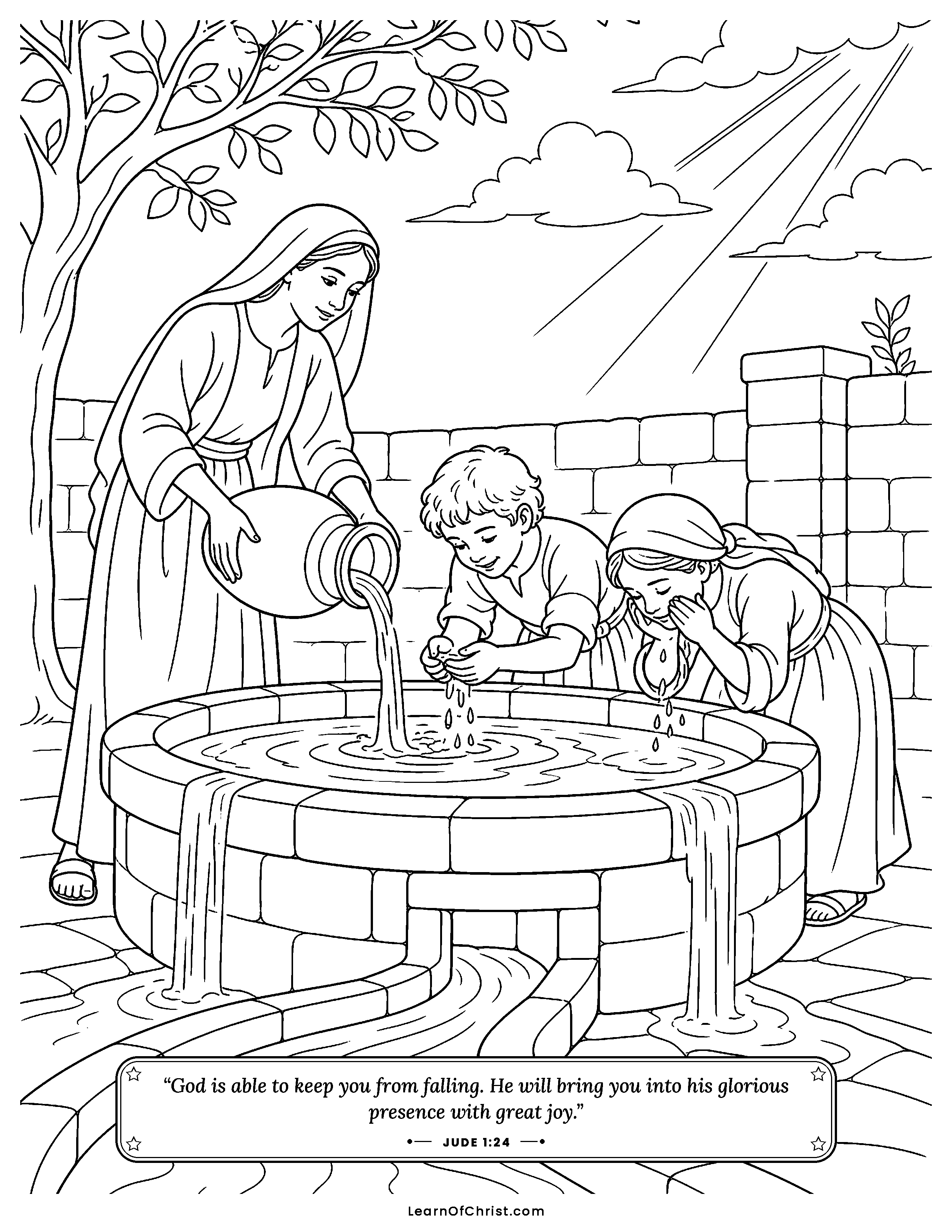 Jude 1 coloring page - A helping hand on a rocky path. Free printable Bible coloring sheet for kids.
