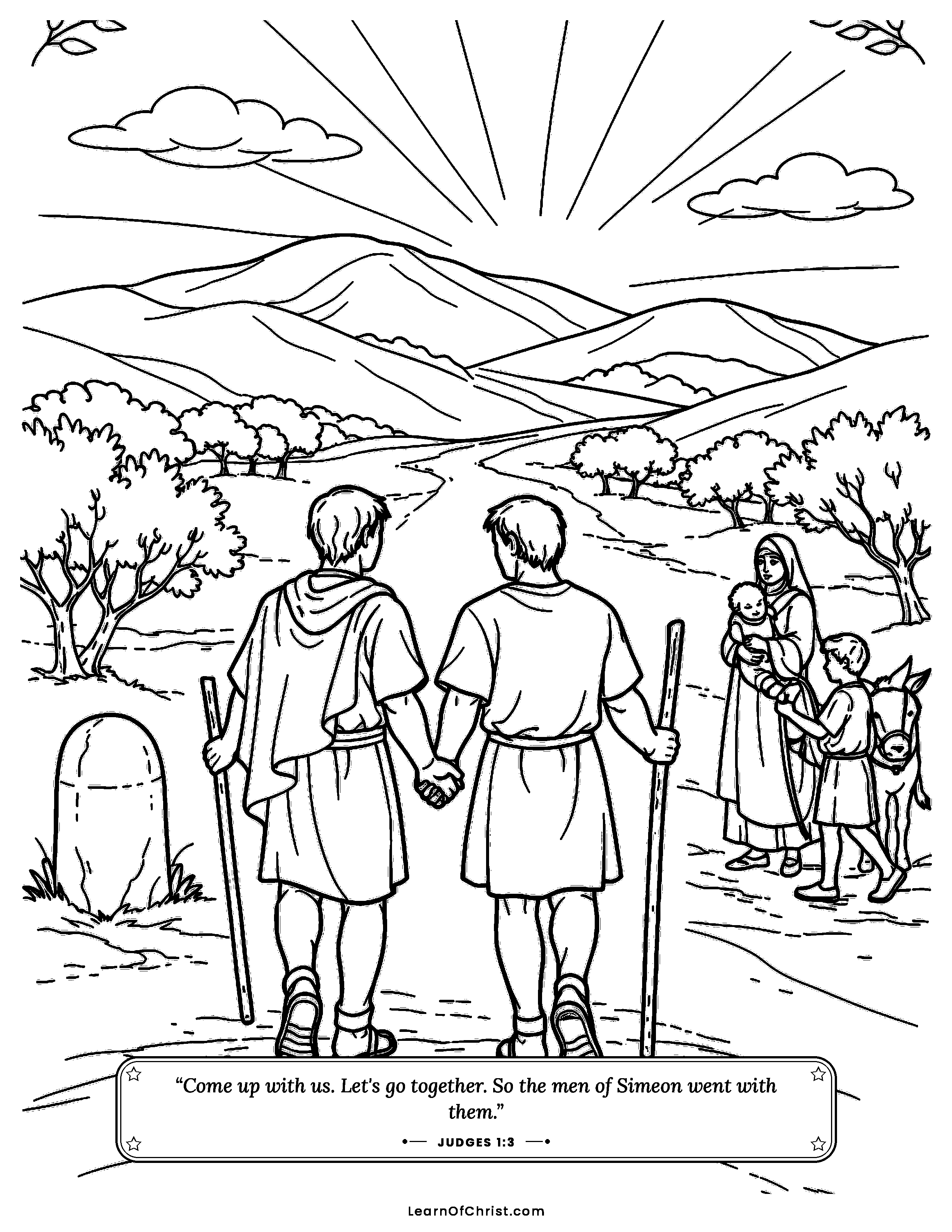 Judges 1 coloring page - Judah and Simeon set out together. Free printable Bible coloring sheet for kids.