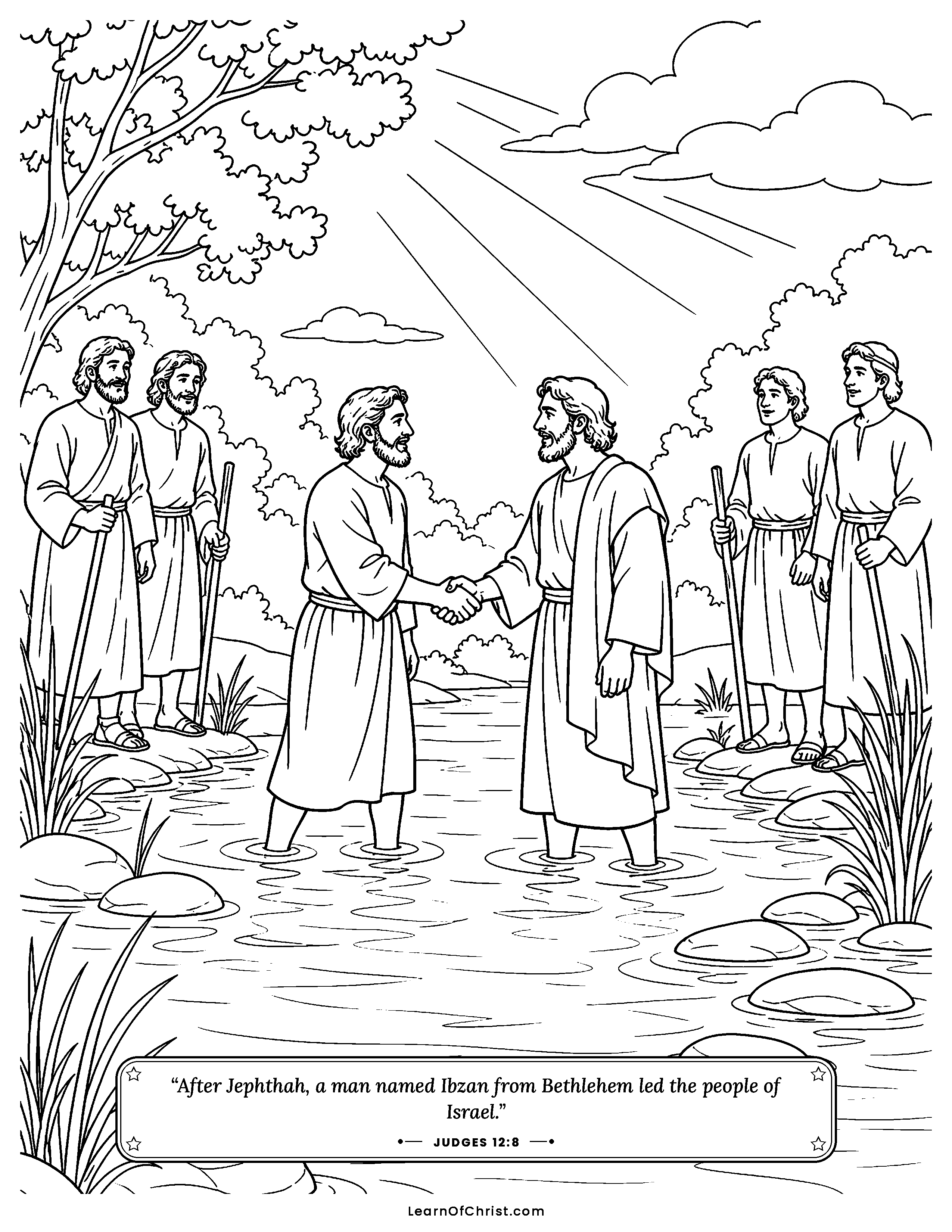 Judges 12 coloring page - Making peace at the river crossing. Free printable Bible coloring sheet for kids.