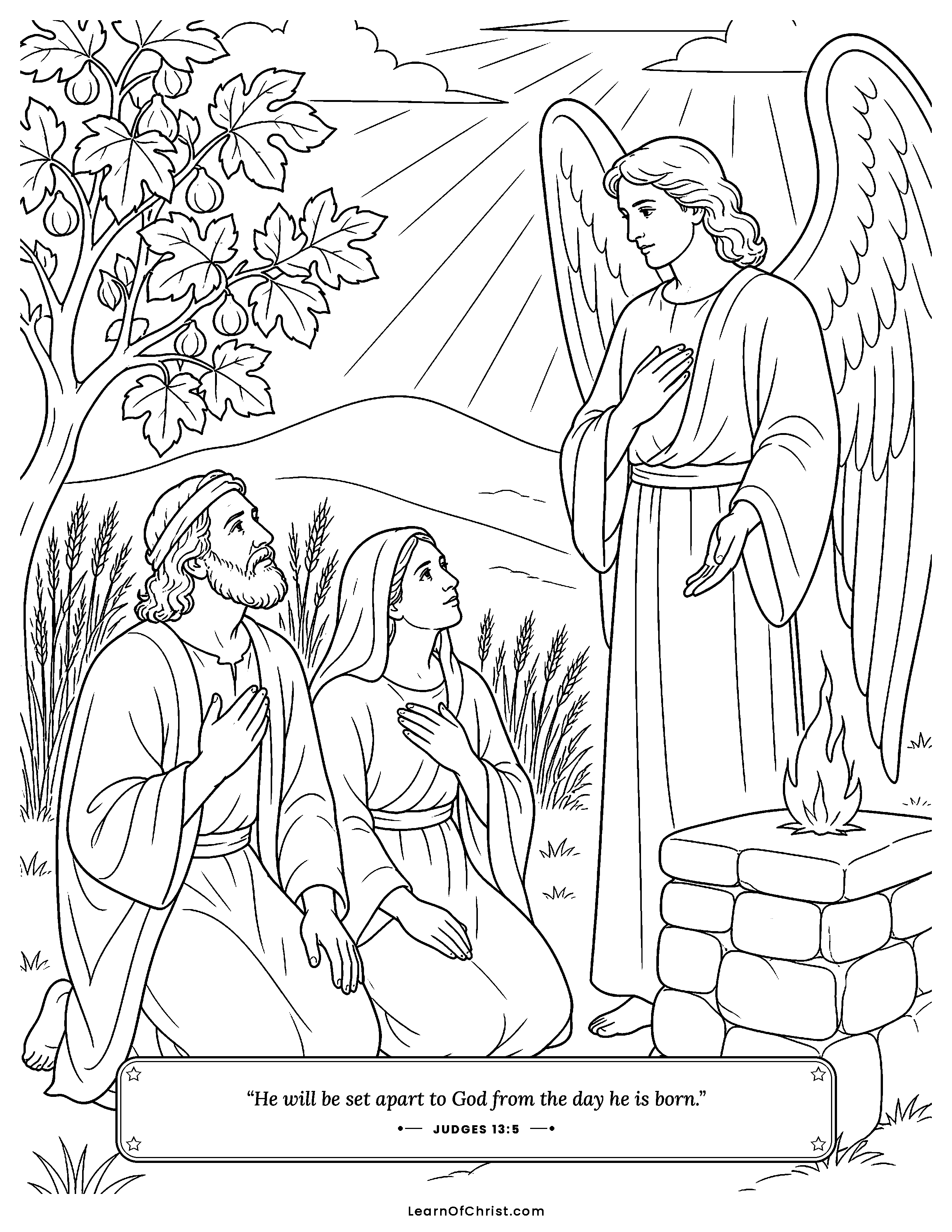 Judges 13 coloring page - An angel brings good news to Manoah. Free printable Bible coloring sheet for kids.