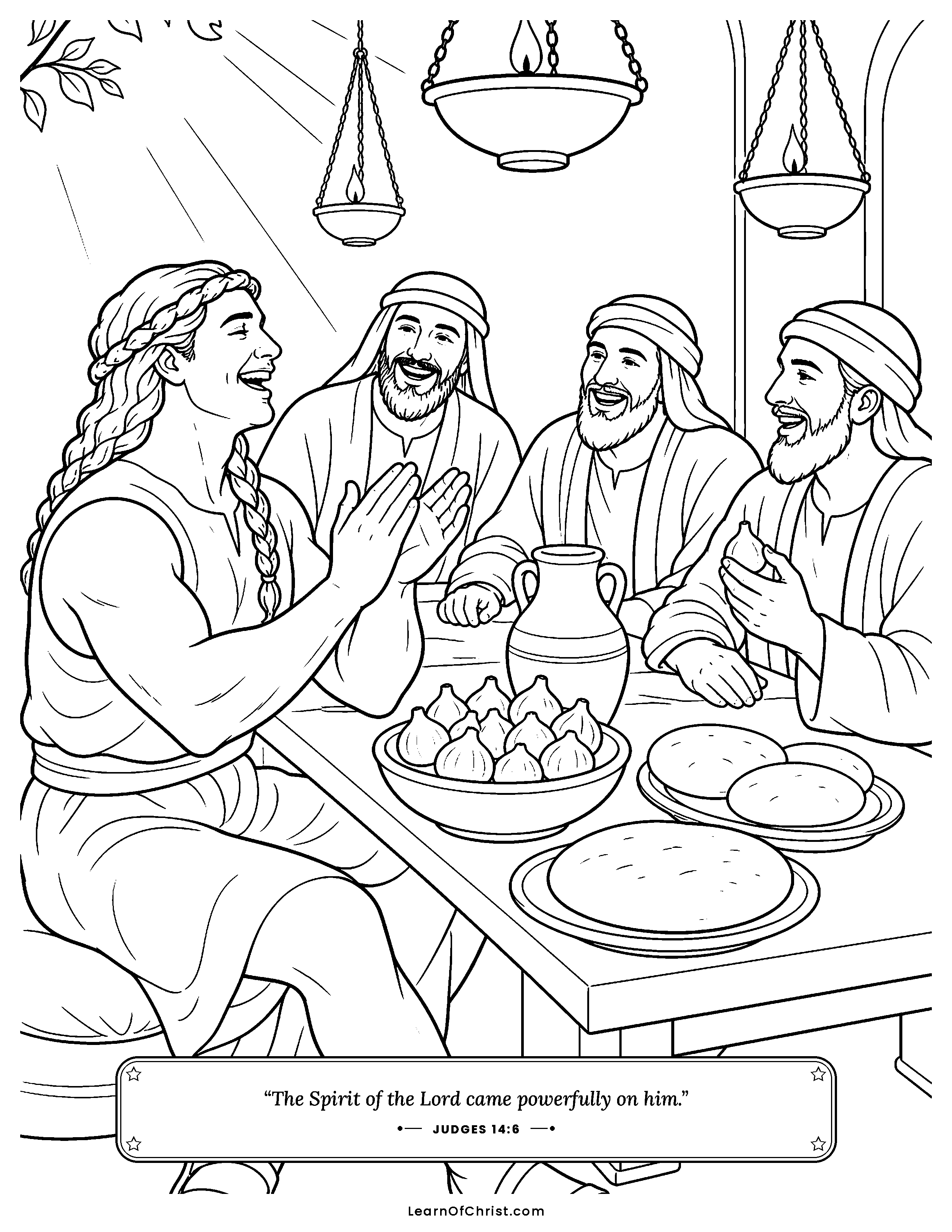 Judges 14 coloring page - A wedding feast at Timnah. Free printable Bible coloring sheet for kids.