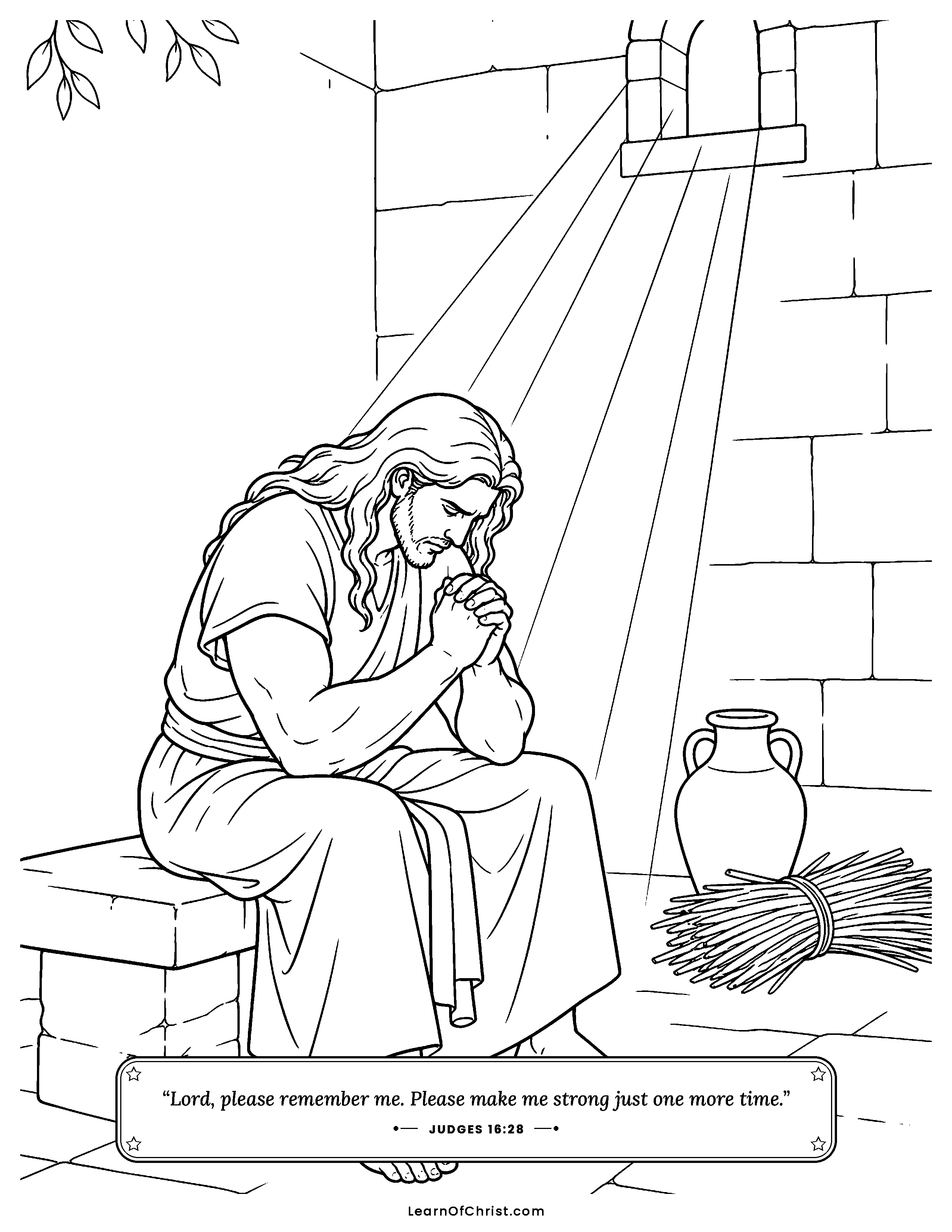 Judges 16 coloring page - Samson prays and turns back to God. Free printable Bible coloring sheet for kids.