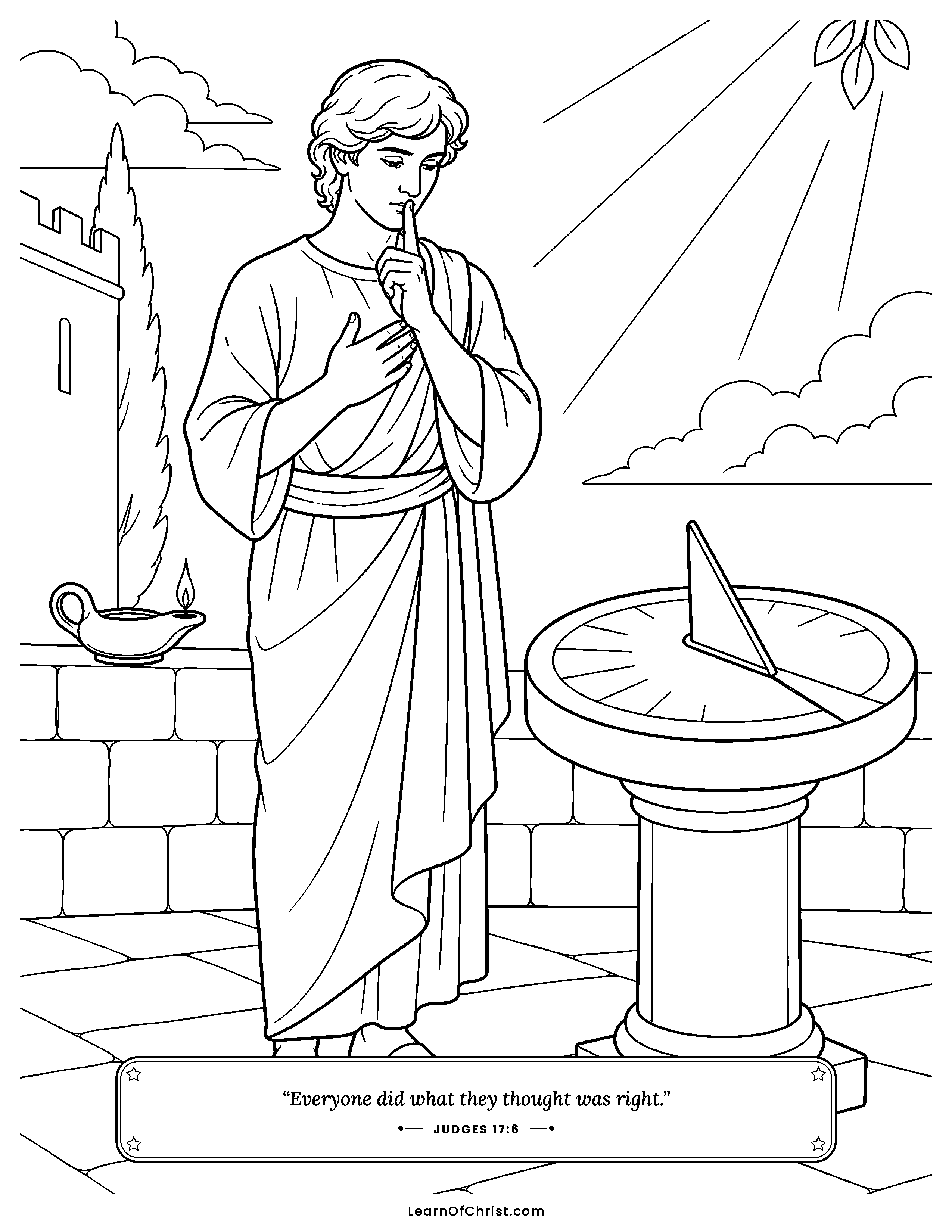 Judges 17 coloring page - Micah makes his own homemade shrine. Free printable Bible coloring sheet for kids.