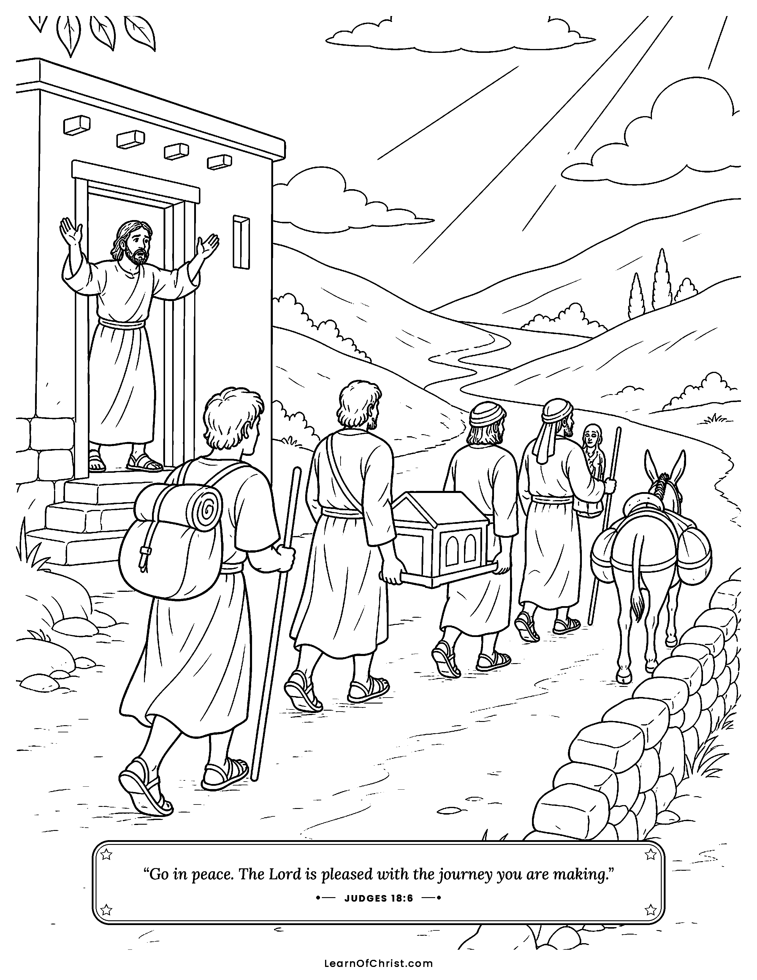 Judges 18 coloring page - The tribe of Dan carries off the idols. Free printable Bible coloring sheet for kids.