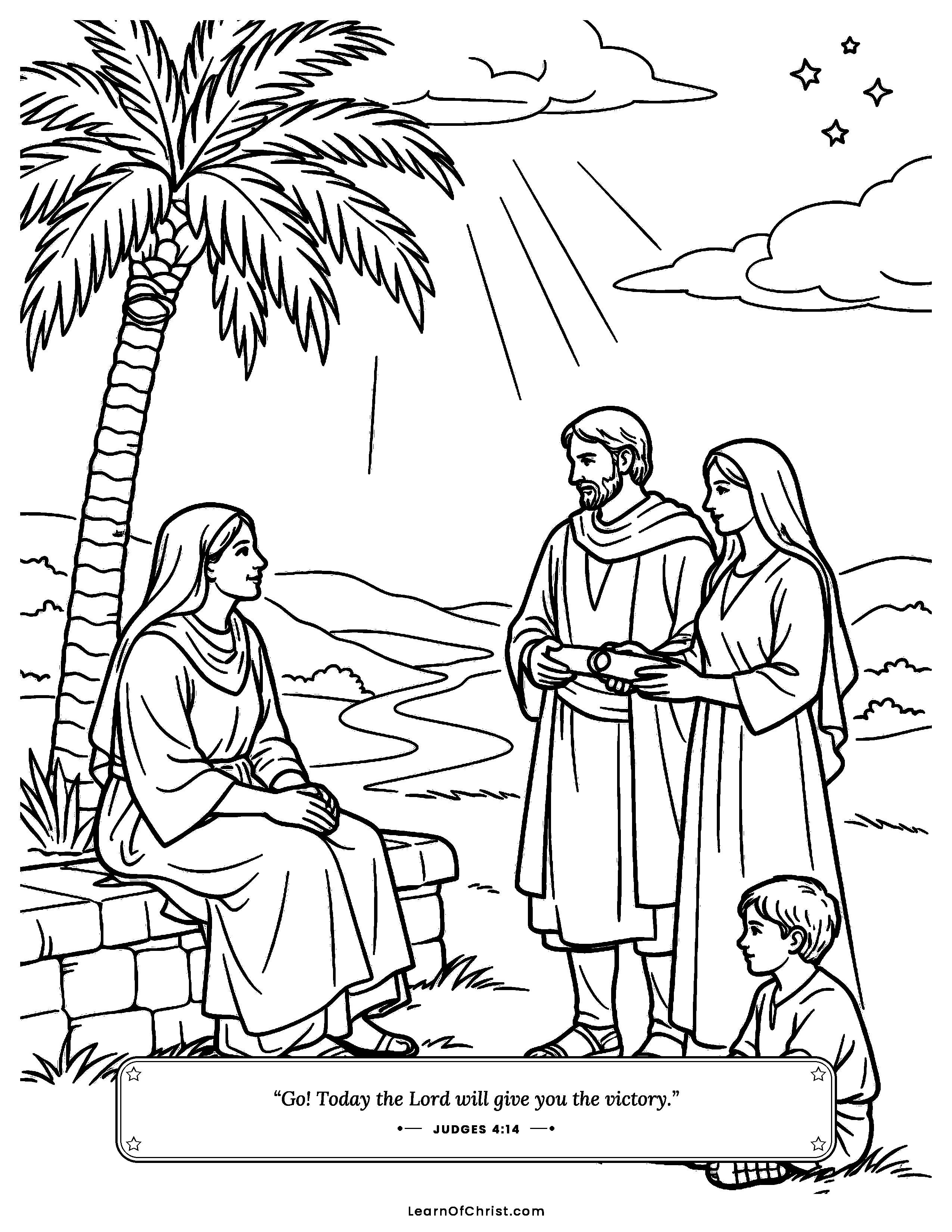 Judges 4 coloring page - Deborah judges under her palm tree. Free printable Bible coloring sheet for kids.