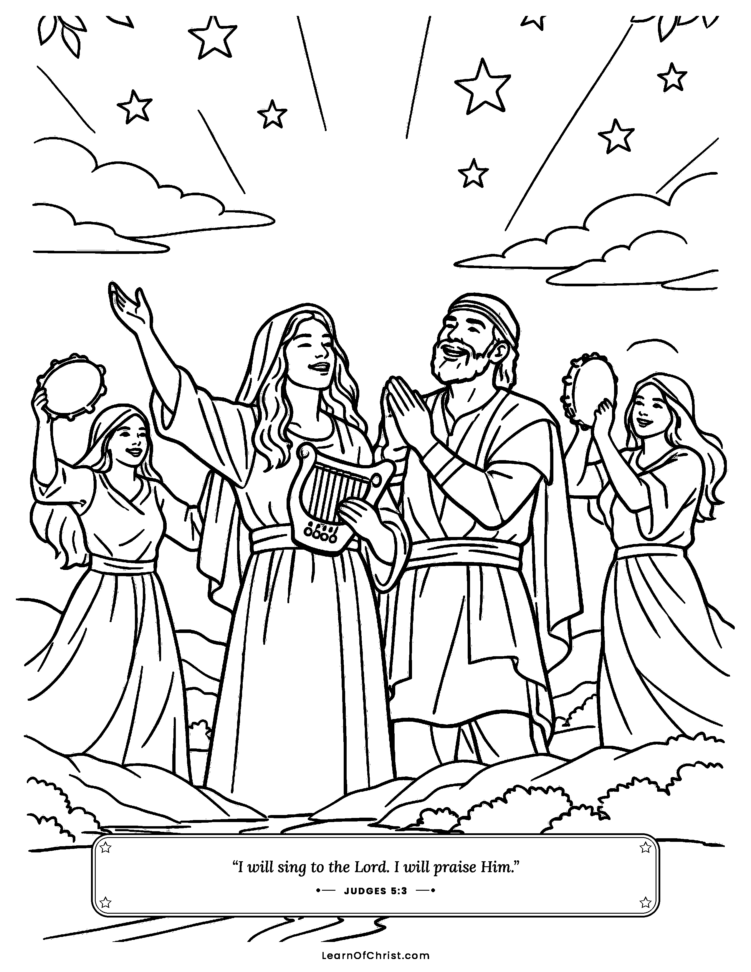Judges 5 coloring page - Deborah and Barak sing a victory song. Free printable Bible coloring sheet for kids.