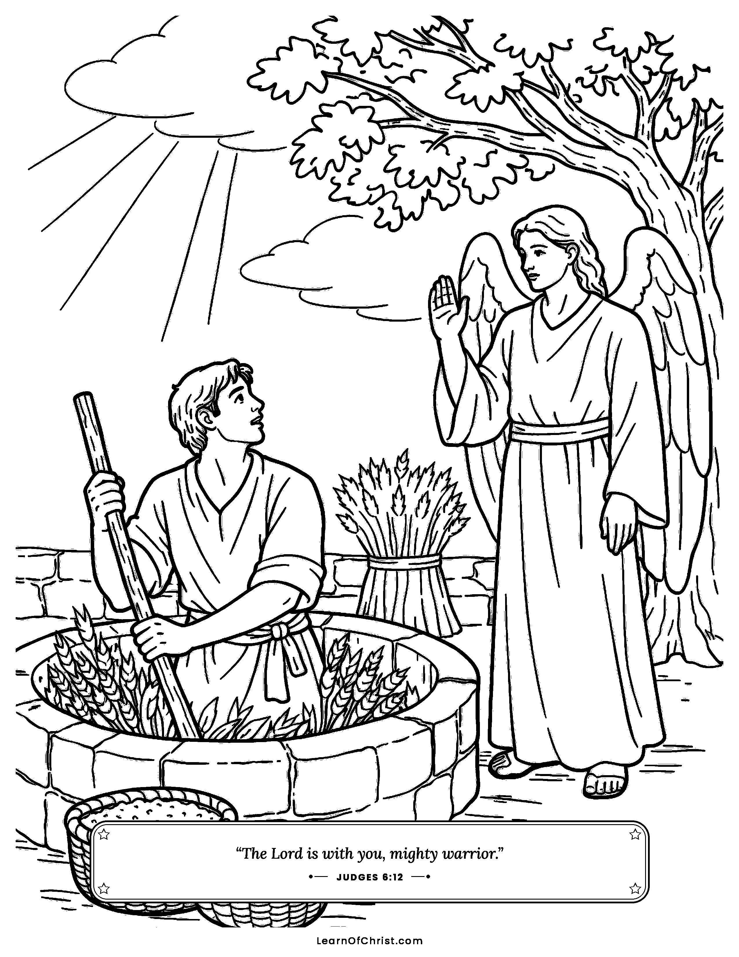 Judges 6 coloring page - An angel greets Gideon at the winepress. Free printable Bible coloring sheet for kids.