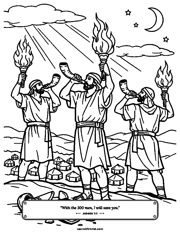 Judges 7 coloring page - Gideon's three hundred lift torches and trumpets
