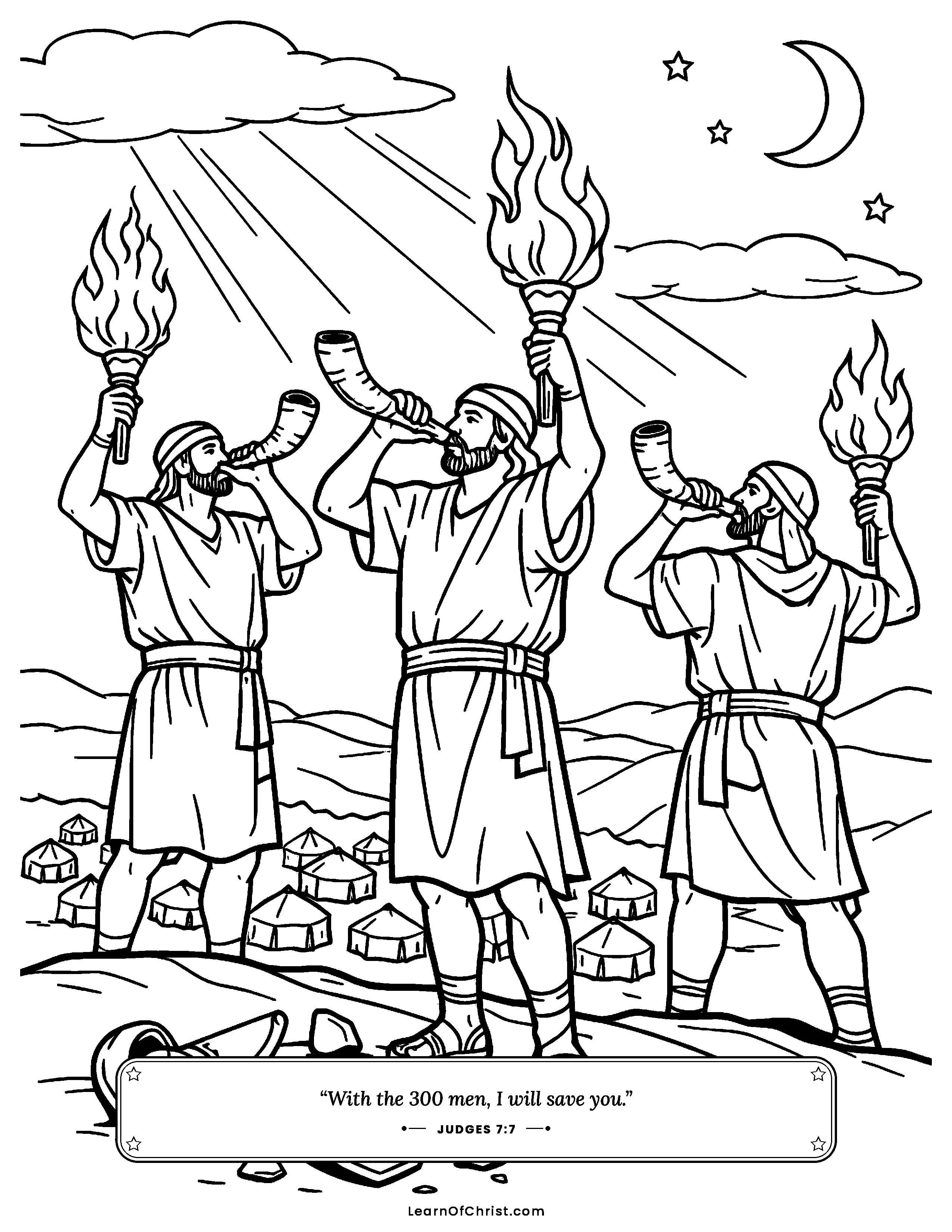 Judges 7 coloring page - Gideon's three hundred lift torches and trumpets. Free printable Bible coloring sheet for kids.