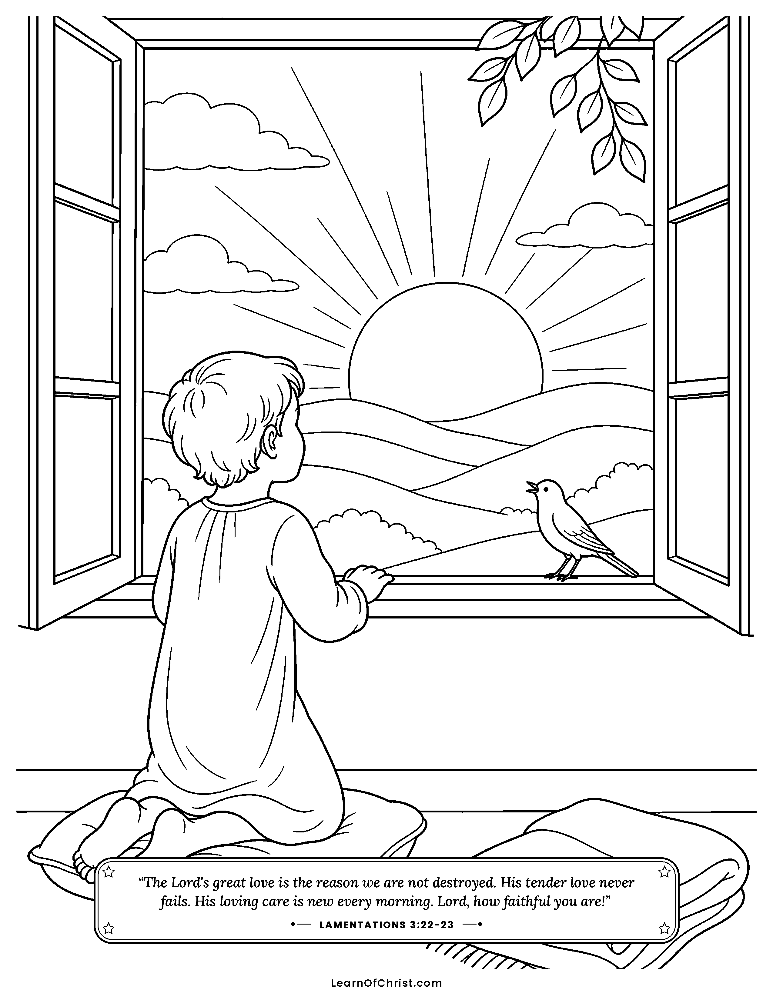 Lamentations 3 coloring page - New mercy every single morning. Free printable Bible coloring sheet for kids.