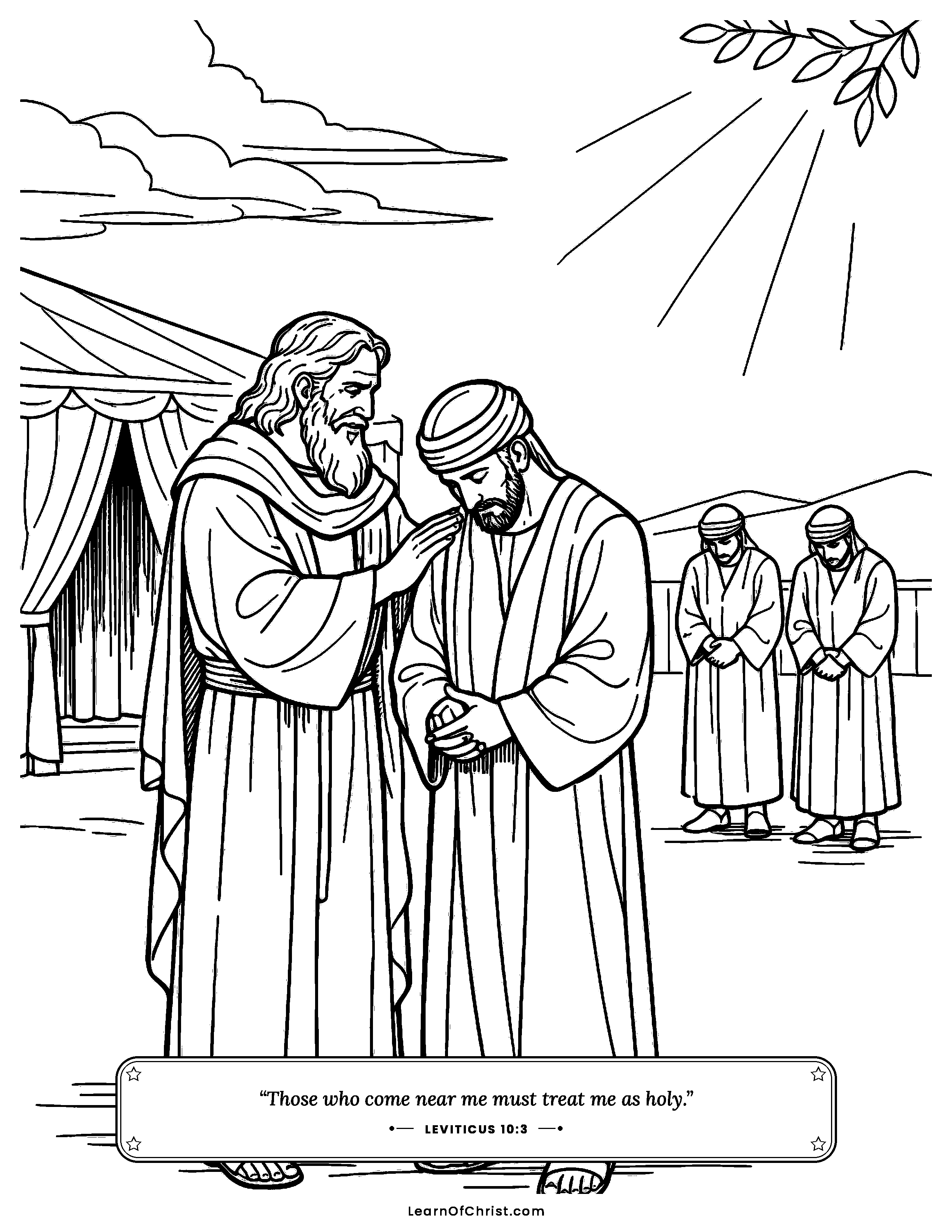 Leviticus 10 coloring page - A quiet lesson about honoring God. Free printable Bible coloring sheet for kids.