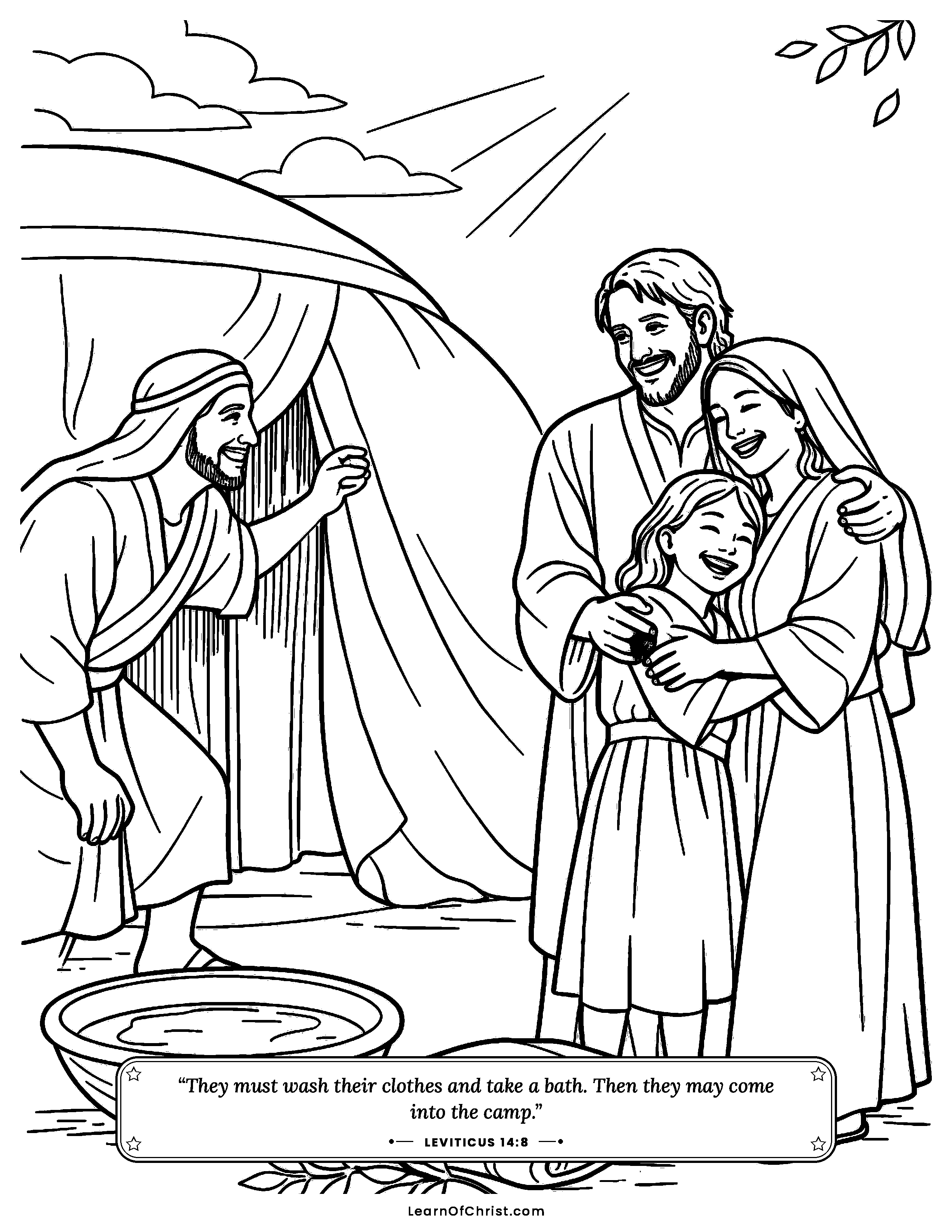Leviticus 14 coloring page - Welcomed back into the camp again. Free printable Bible coloring sheet for kids.