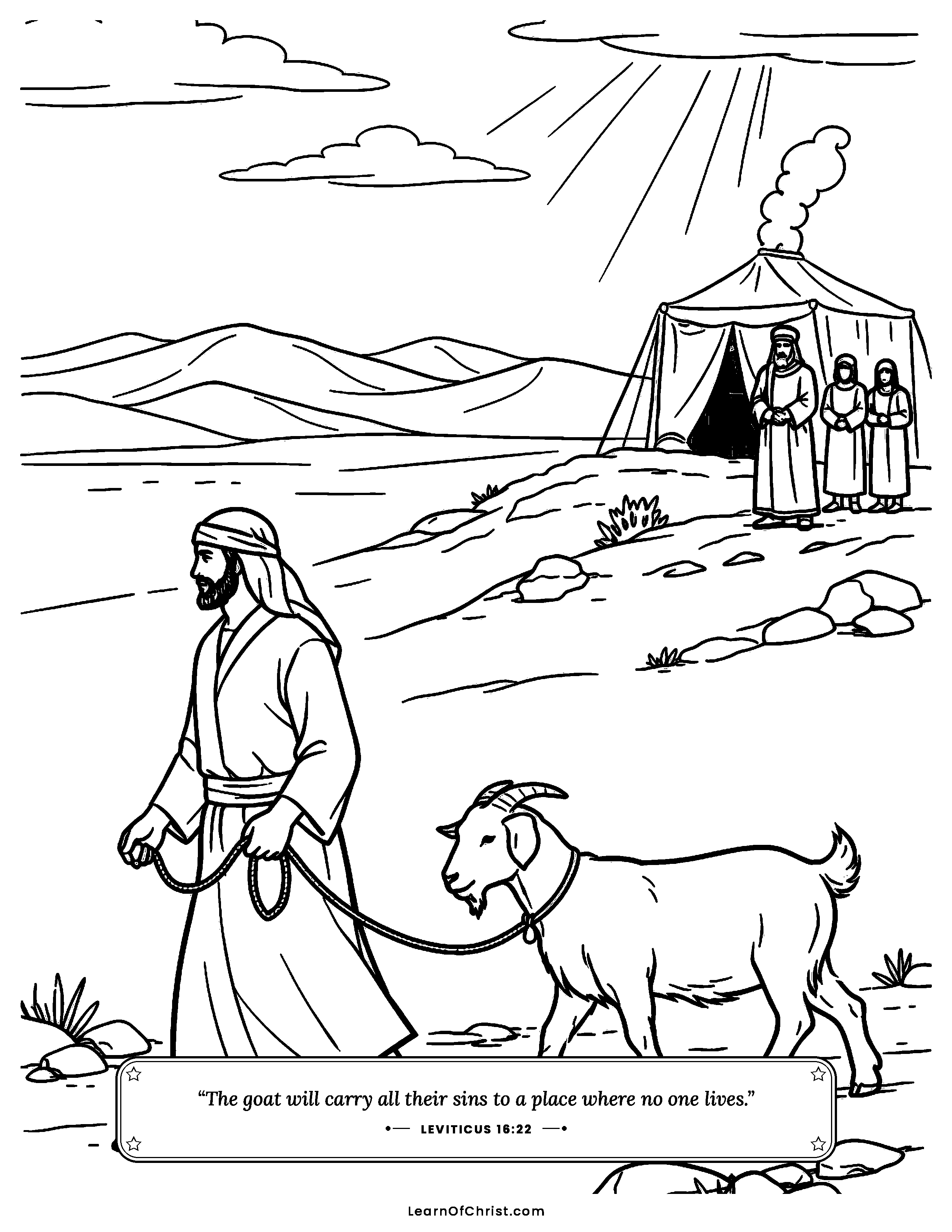 Leviticus 16 coloring page - The goat carries wrongs far away. Free printable Bible coloring sheet for kids.
