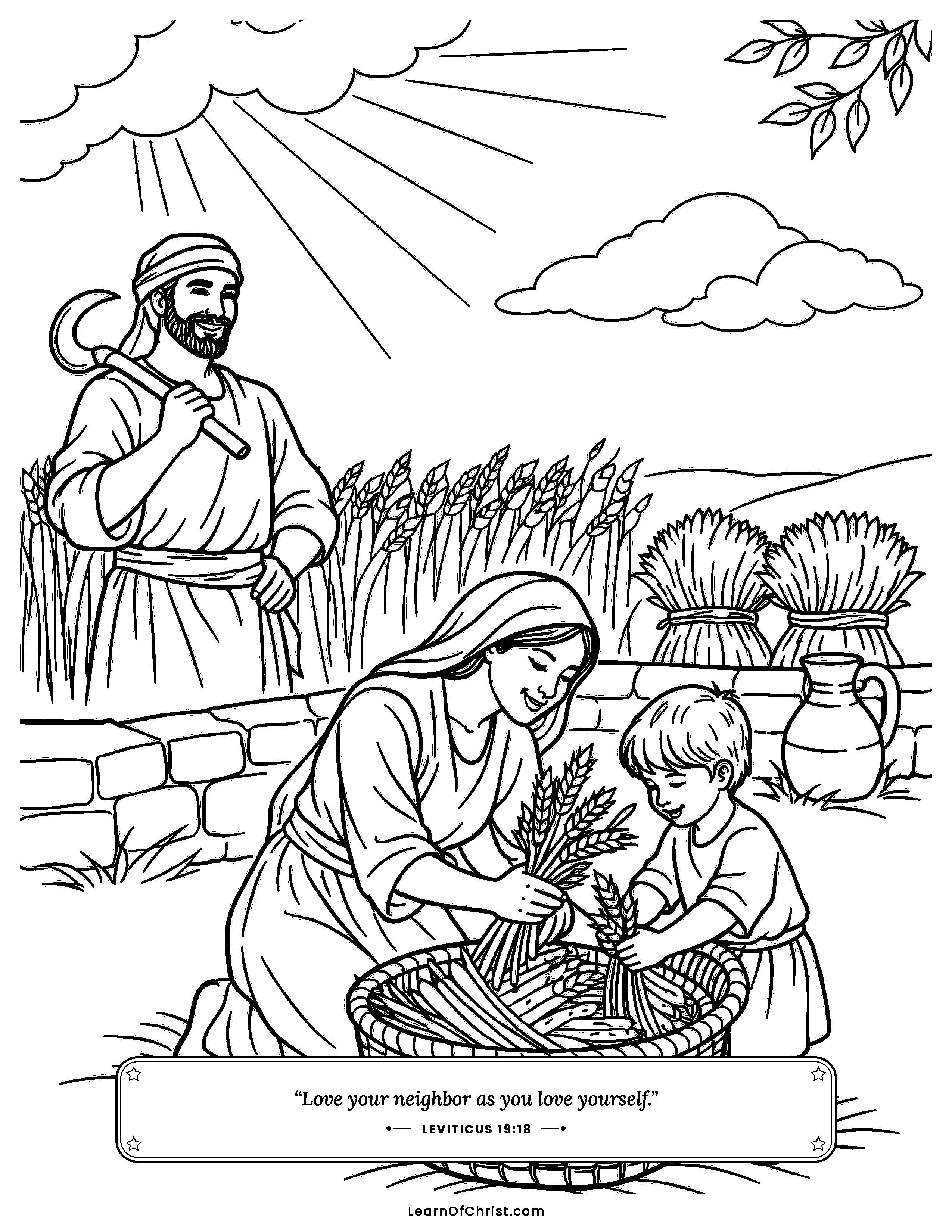 Leviticus 19 coloring page - Leaving grain at the edge for others. Free printable Bible coloring sheet for kids.