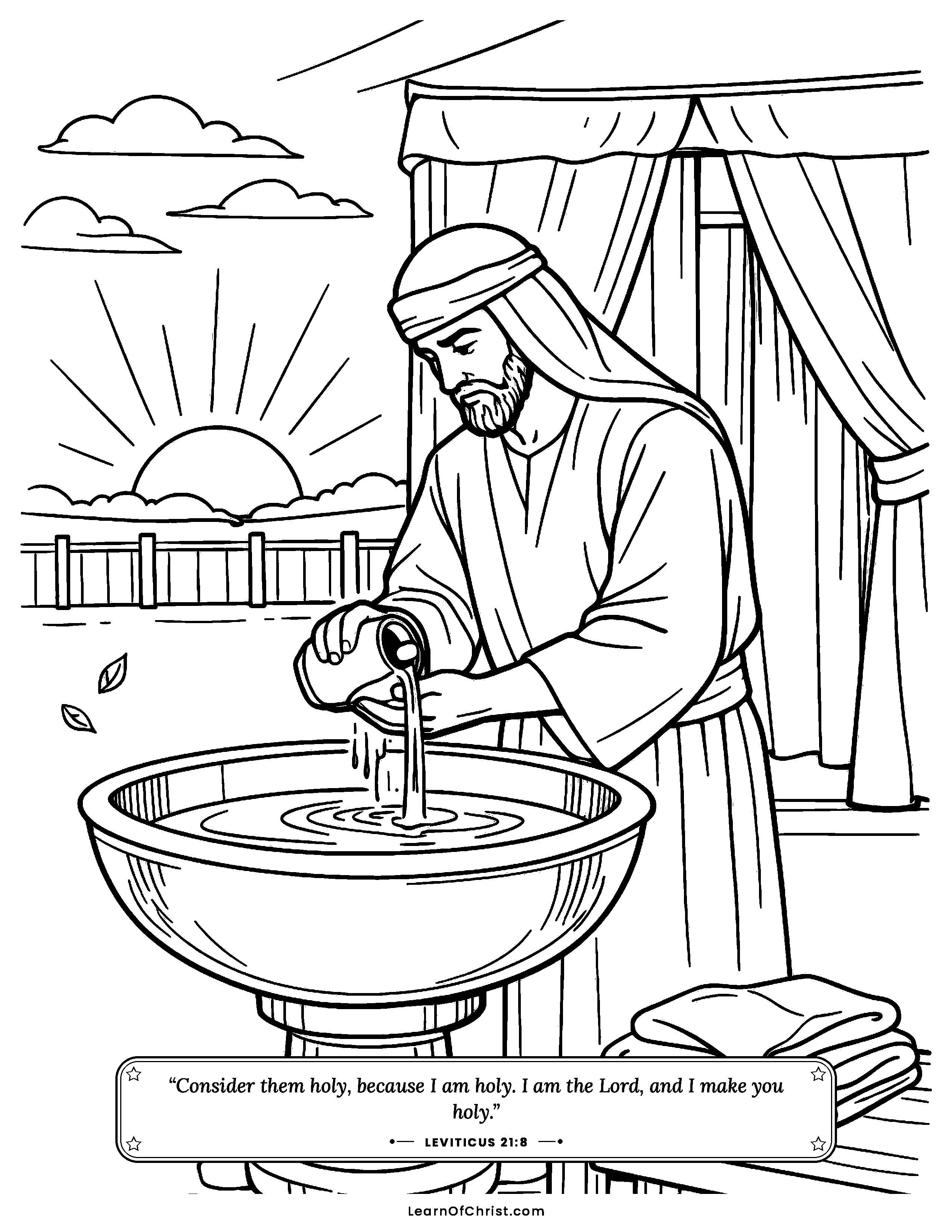 Leviticus 21 coloring page - A priest washes before serving God. Free printable Bible coloring sheet for kids.