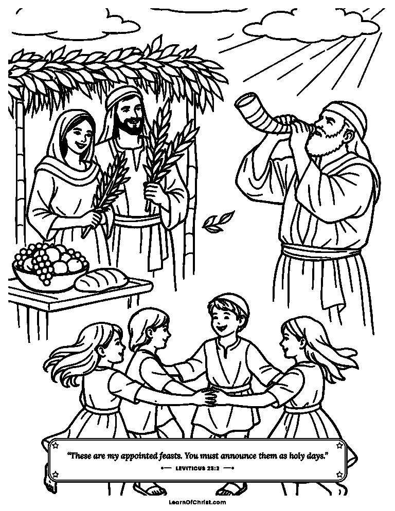 Leviticus 23 coloring page - Families celebrate in leafy shelters