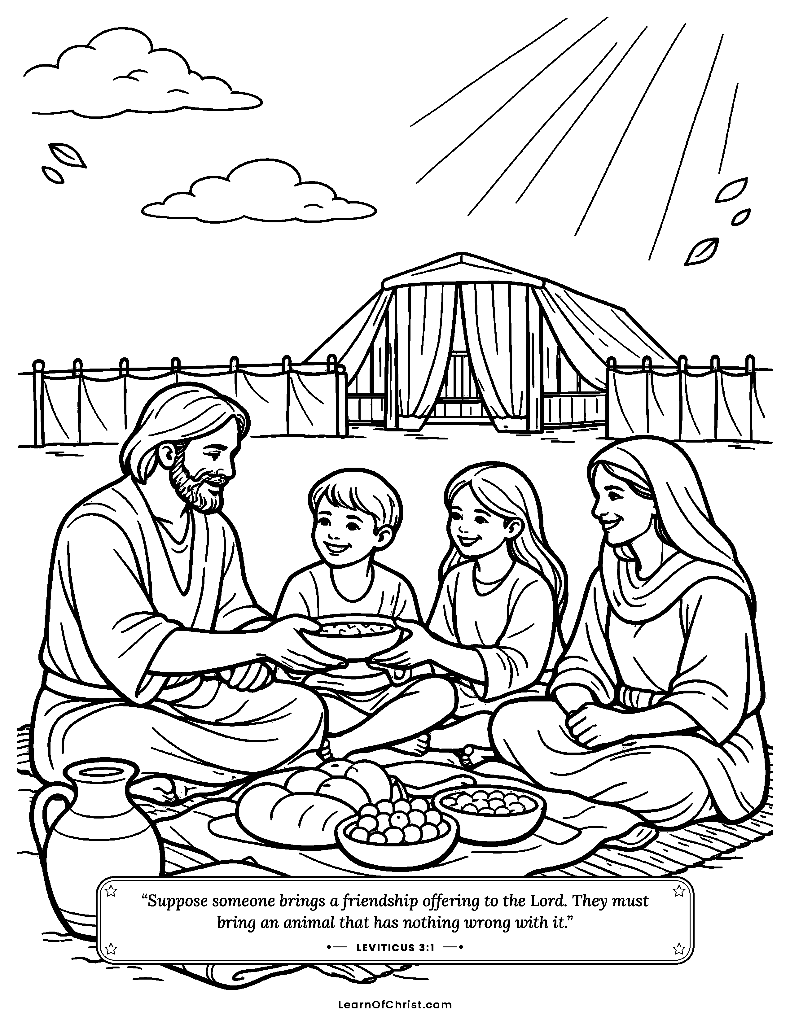 Leviticus 3 coloring page - A happy family meal with God. Free printable Bible coloring sheet for kids.