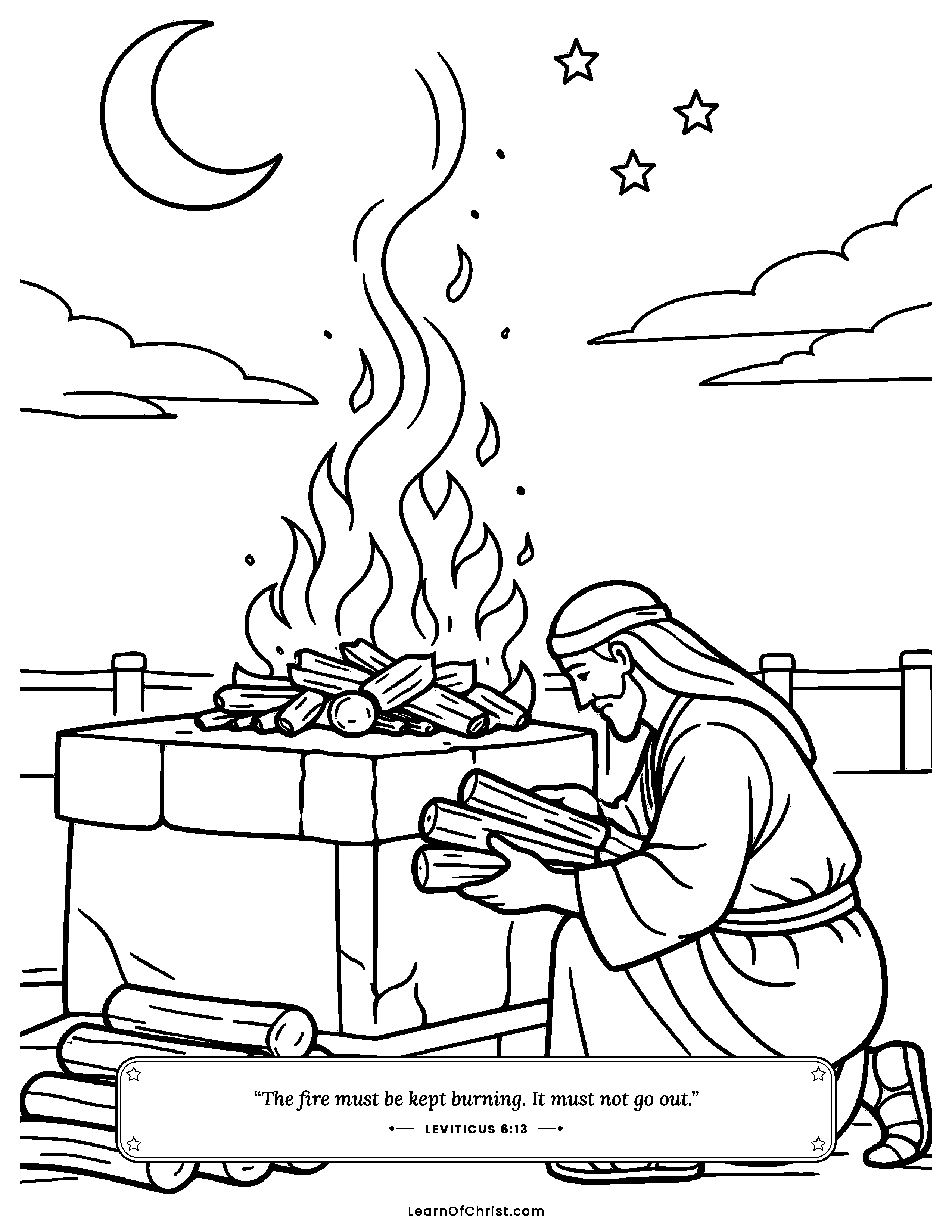 Leviticus 6 coloring page - The altar fire that never goes out. Free printable Bible coloring sheet for kids.