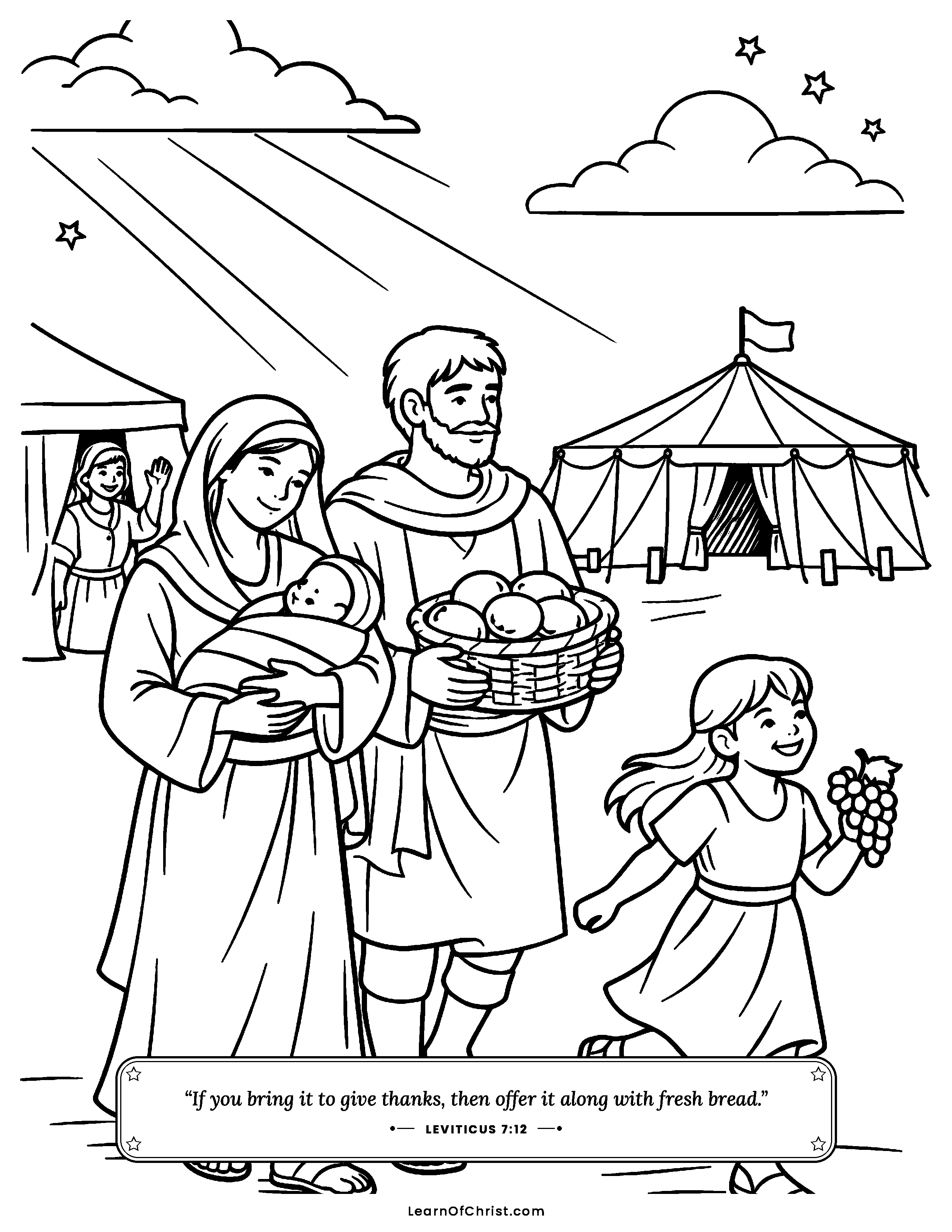 Leviticus 7 coloring page - A thank-you party for answered prayer. Free printable Bible coloring sheet for kids.
