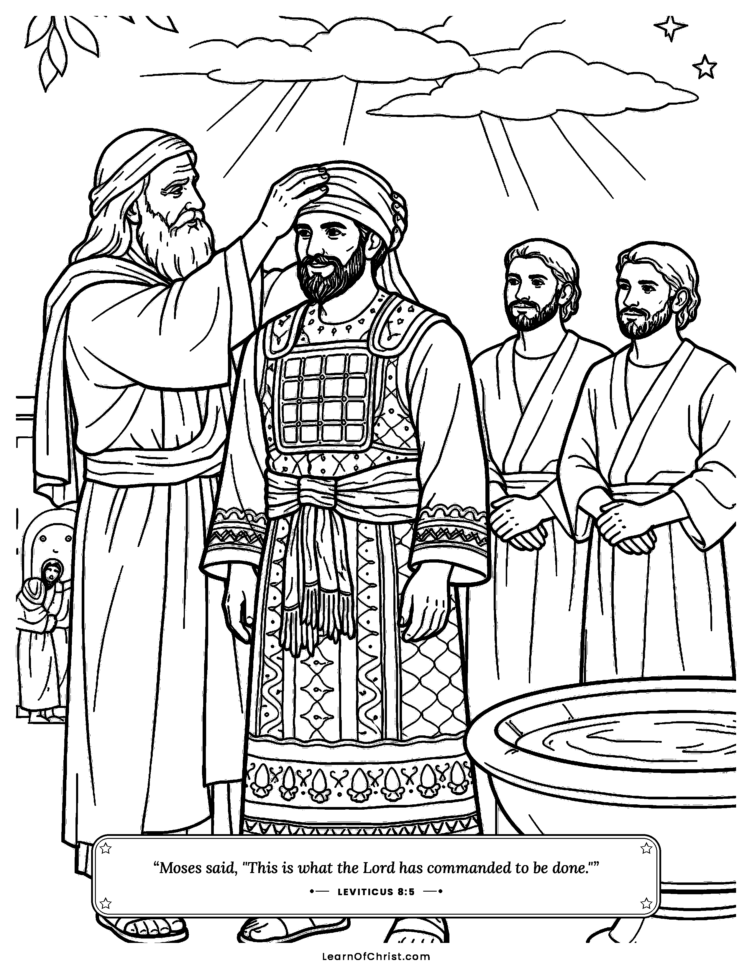 Leviticus 8 coloring page - Aaron is dressed as God's priest. Free printable Bible coloring sheet for kids.