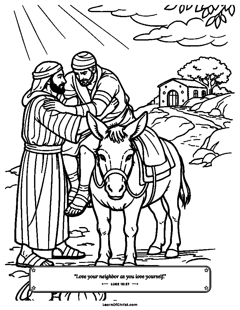 Luke 10 coloring page - The kind traveler helps a hurt stranger