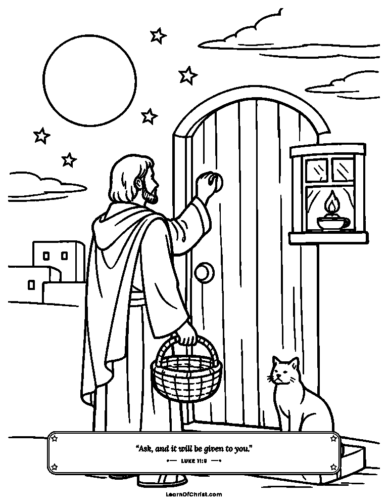 Luke 11 coloring page - Knocking on a friend's door at midnight