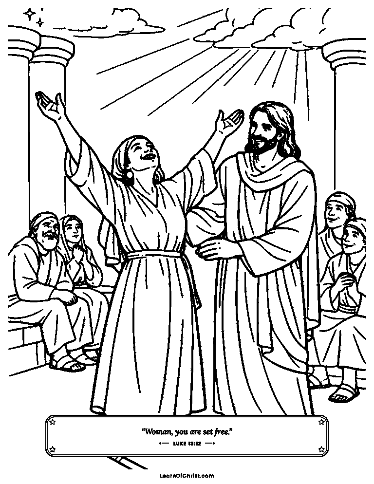 Luke 13 coloring page - A bent over woman stands up straight