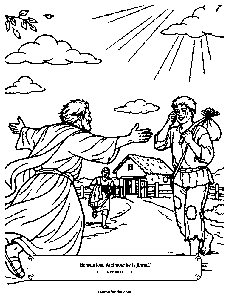 Luke 15 coloring page - A father runs to hug his son home