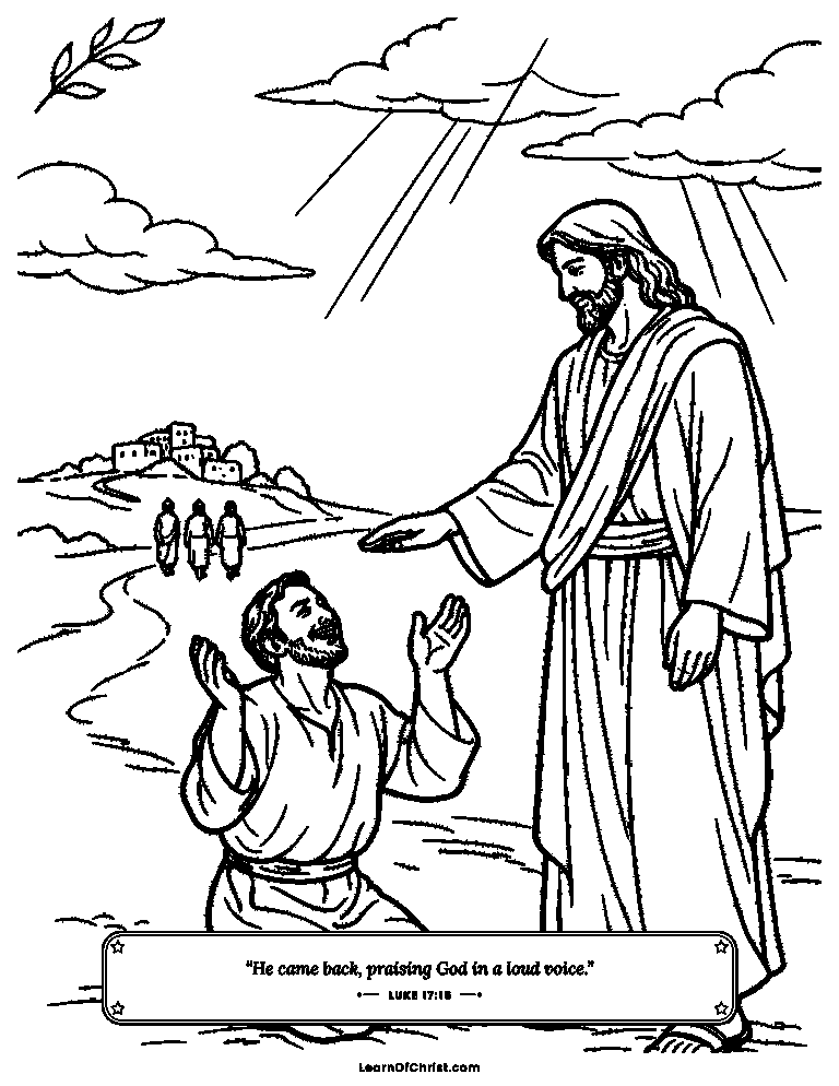Luke 17 coloring page - One man returns to say thank you