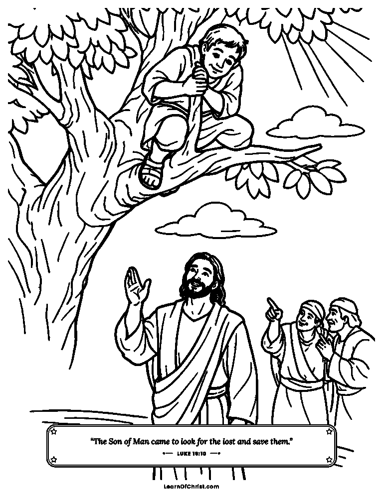 Luke 19 coloring page - Zacchaeus climbs the sycamore tree