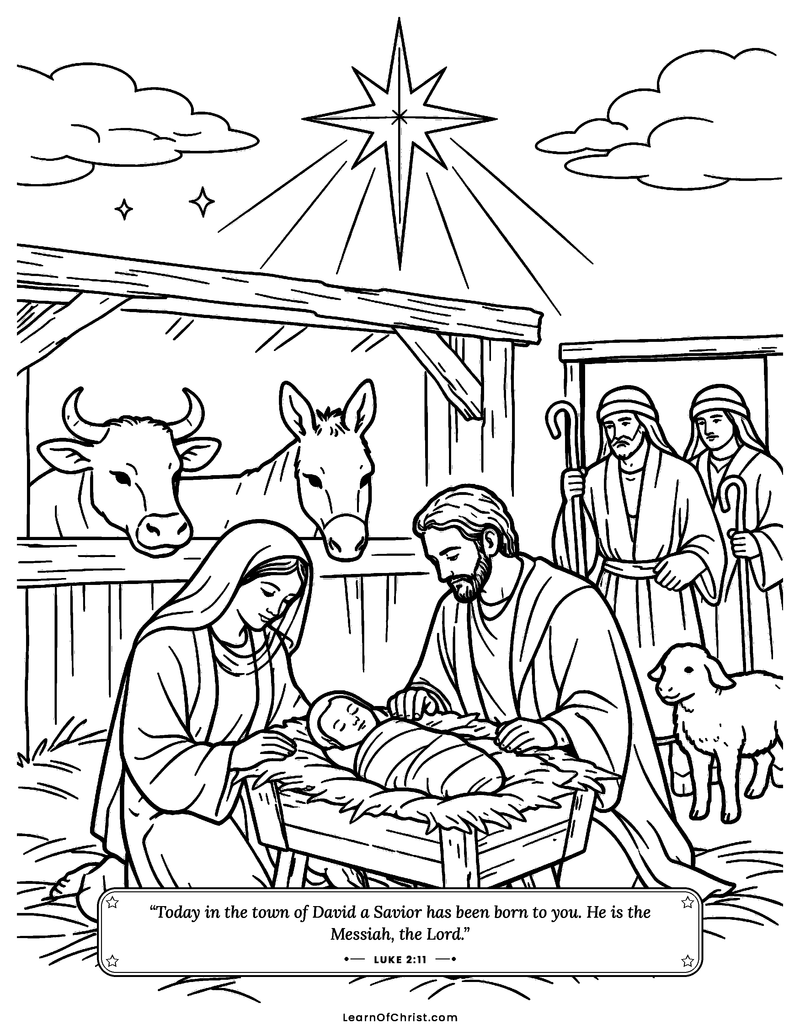 Luke 2 coloring page - Baby Jesus lies in the manger. Free printable Bible coloring sheet for kids.