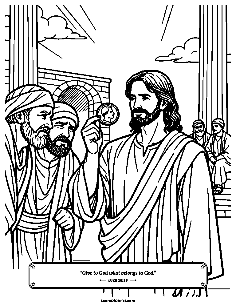 Luke 20 coloring page - Jesus holds up a coin with a face