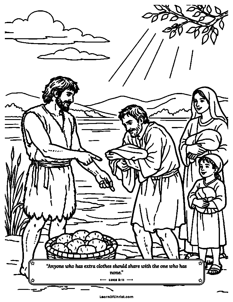Luke 3 coloring page - John shares a coat by the river