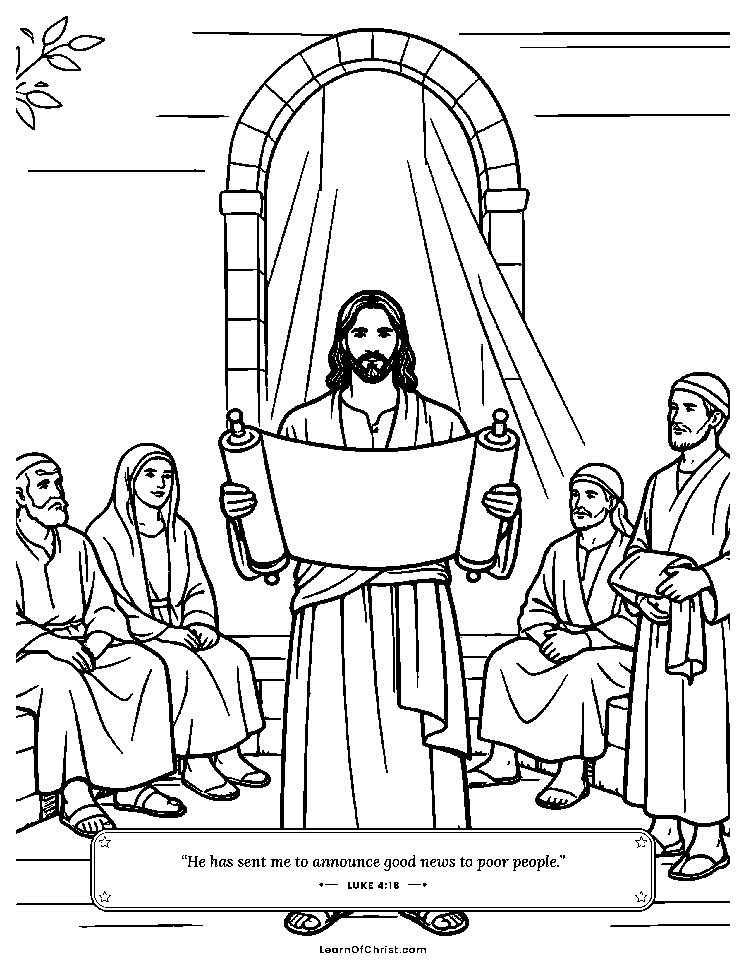 Luke 4 coloring page - Jesus reads the promise in Nazareth. Free printable Bible coloring sheet for kids.