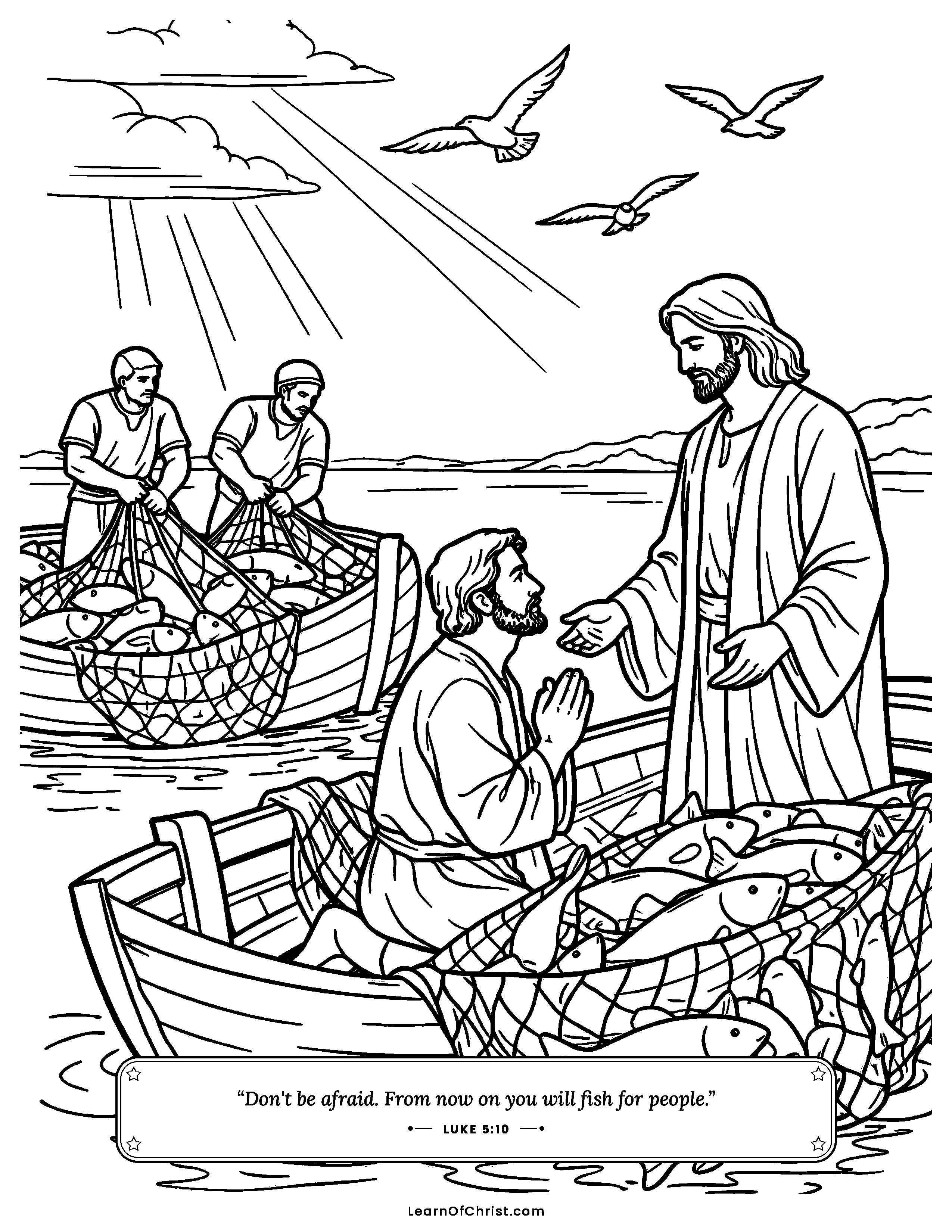 Luke 5 coloring page - Nets overflow with a huge catch of fish. Free printable Bible coloring sheet for kids.