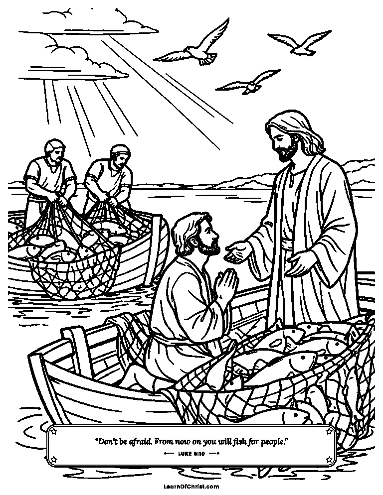 Luke 5 coloring page - Nets overflow with a huge catch of fish