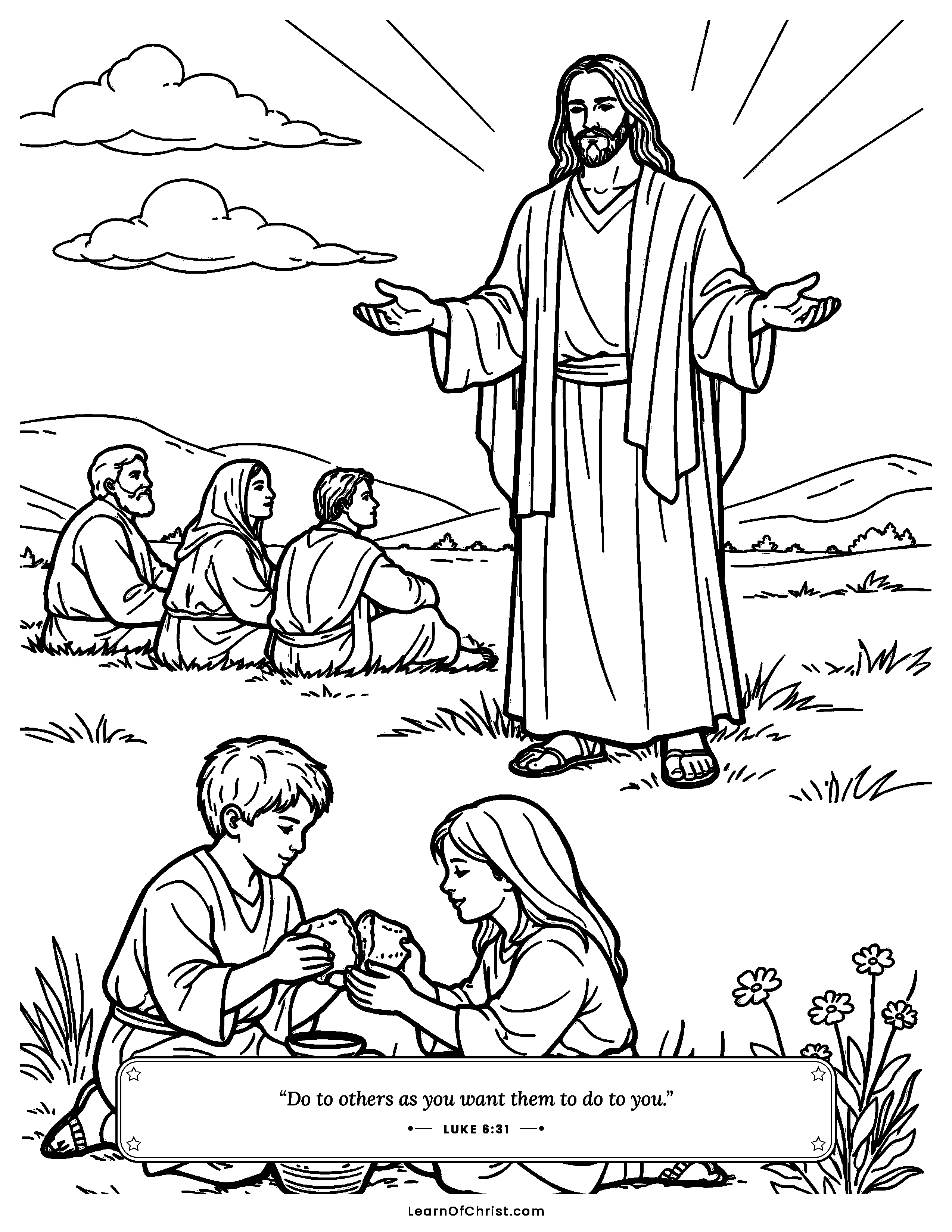 Luke 6 coloring page - Jesus teaches the golden rule to crowds. Free printable Bible coloring sheet for kids.