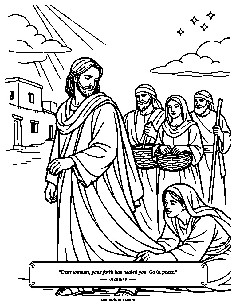 Luke 8 coloring page - A woman reaches to touch Jesus' cloak