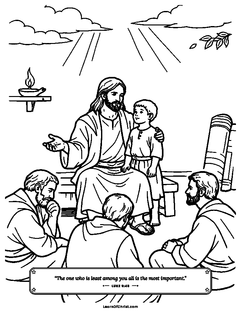 Luke 9 coloring page - Jesus stands a little child beside him